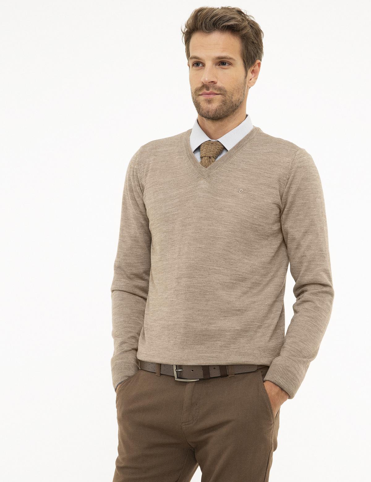 Taş Slim Fit V Yaka Yün Karışımlı Basic Triko Kazak - 50206762103