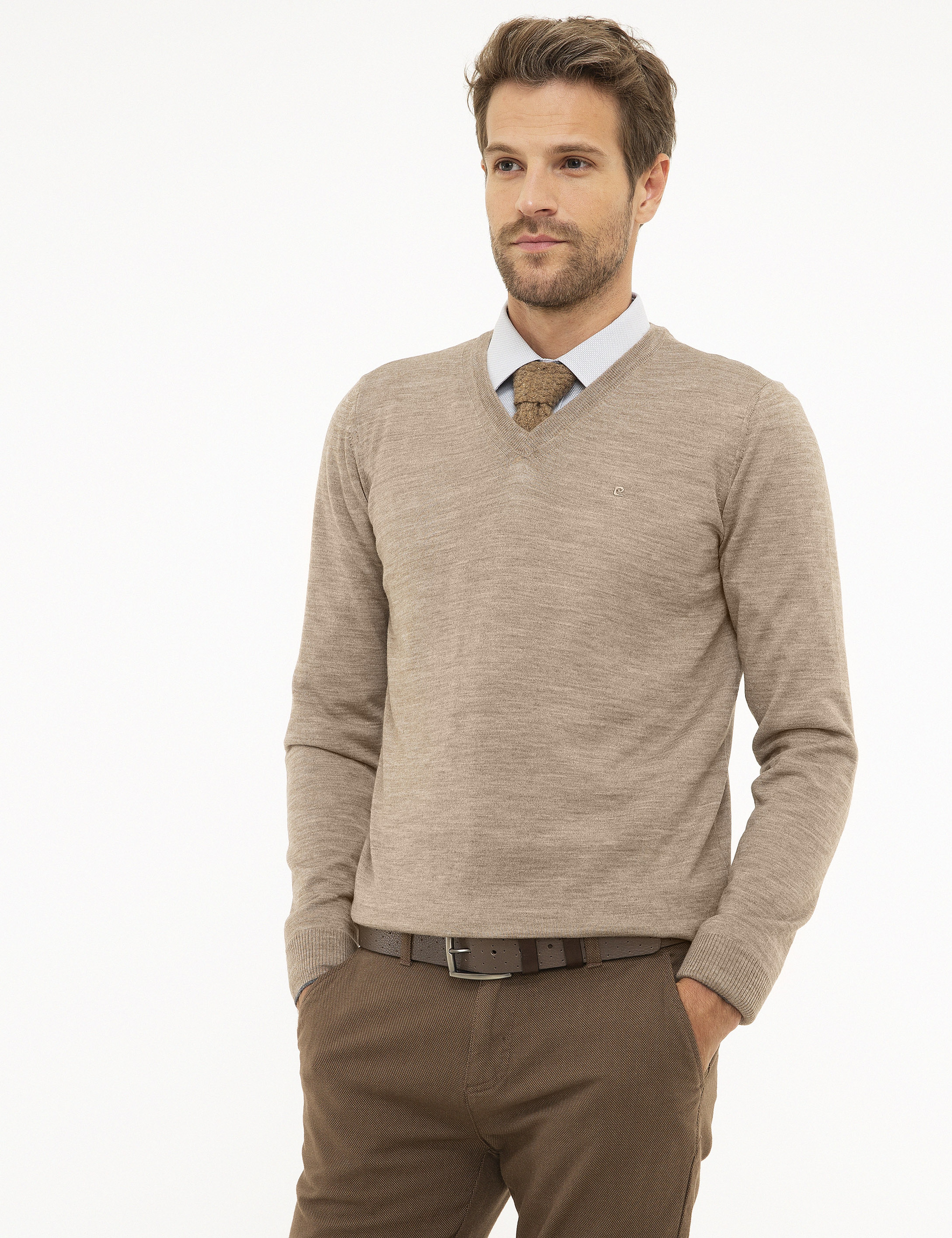 Taş Slim Fit V Yaka Yün Karışımlı Basic Triko Kazak