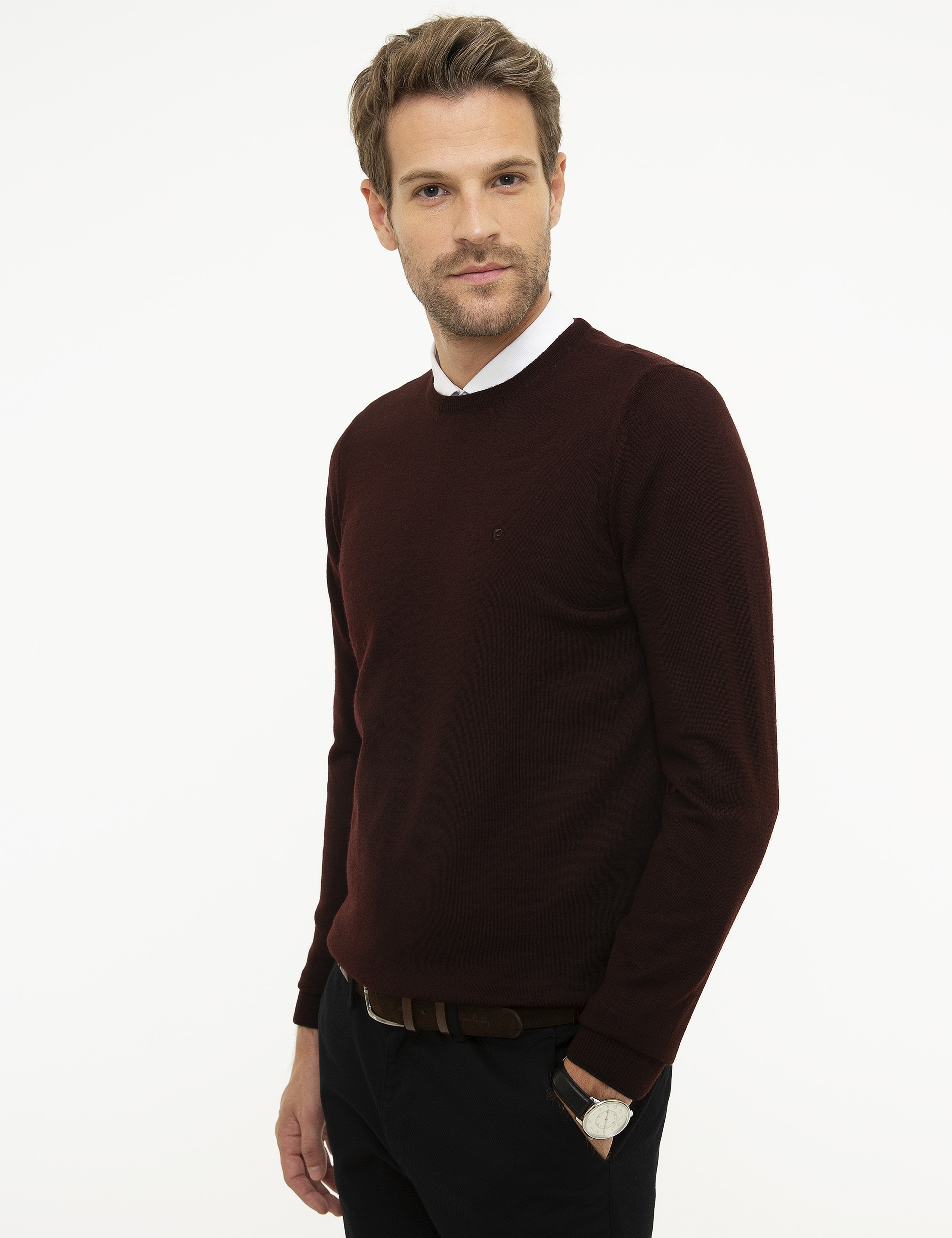 Bordo Slim Fit Bisiklet Yaka Yün Karışımlı Basic Triko Kazak - Image 3