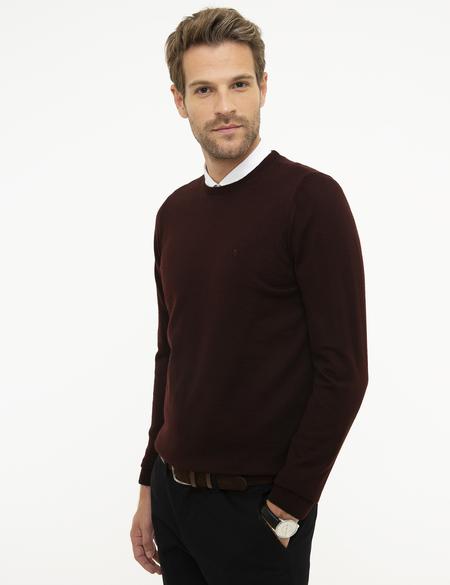 Bordo Slim Fit Bisiklet Yaka Yün Karışımlı Basic Triko Kazak - 50206763044