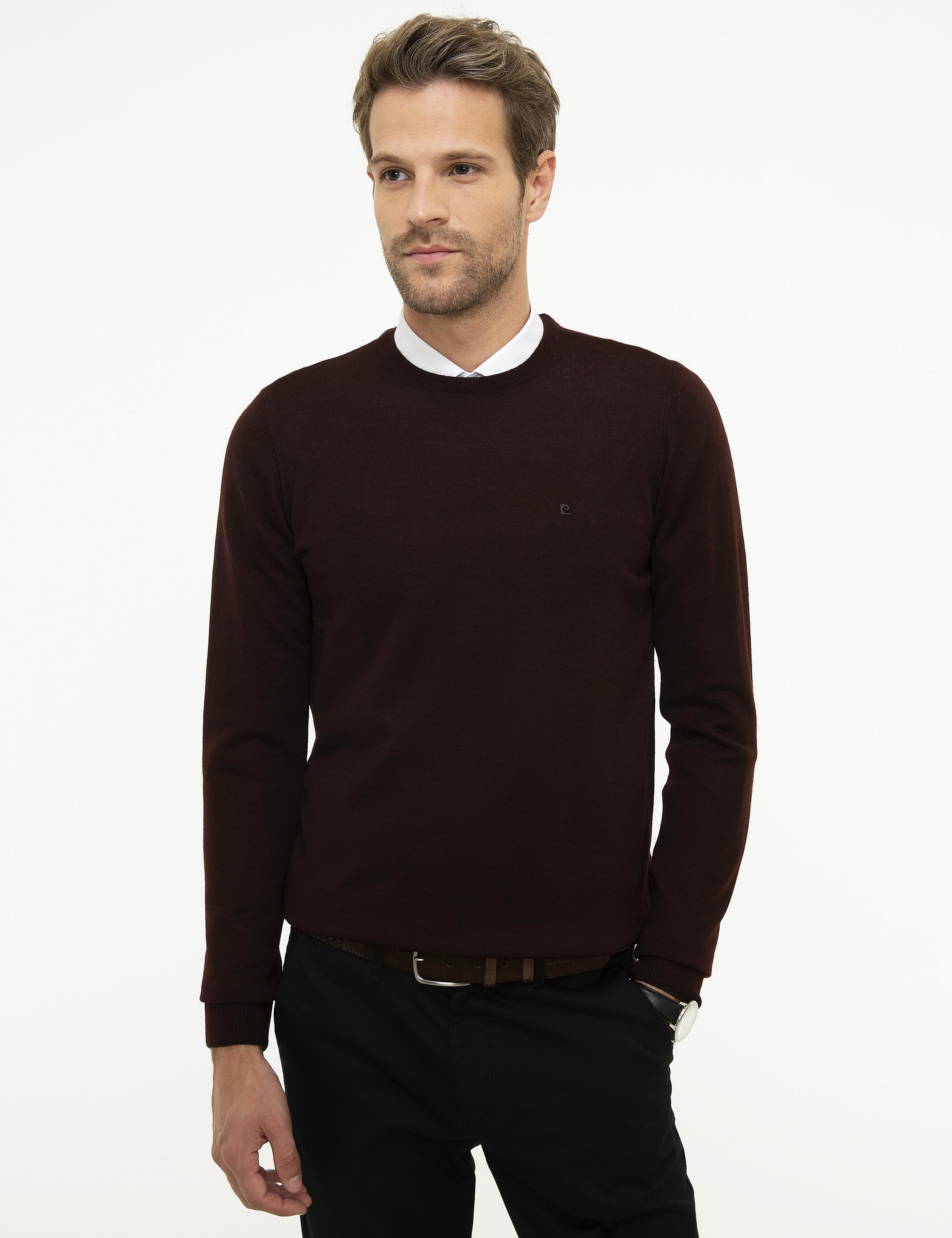 Bordo Slim Fit Bisiklet Yaka Yün Karışımlı Basic Triko Kazak