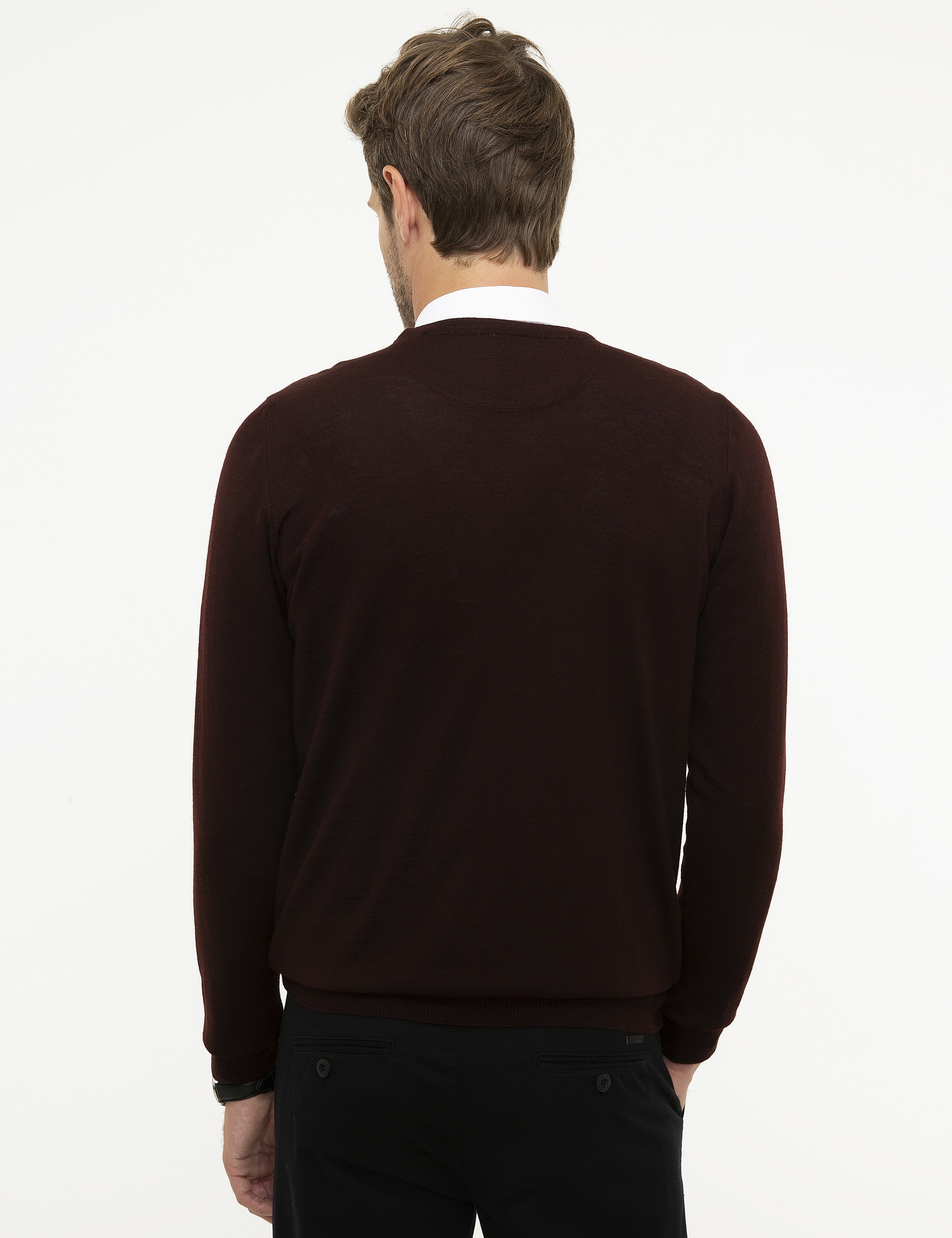 Bordo Slim Fit Bisiklet Yaka Yün Karışımlı Basic Triko Kazak - Image 4