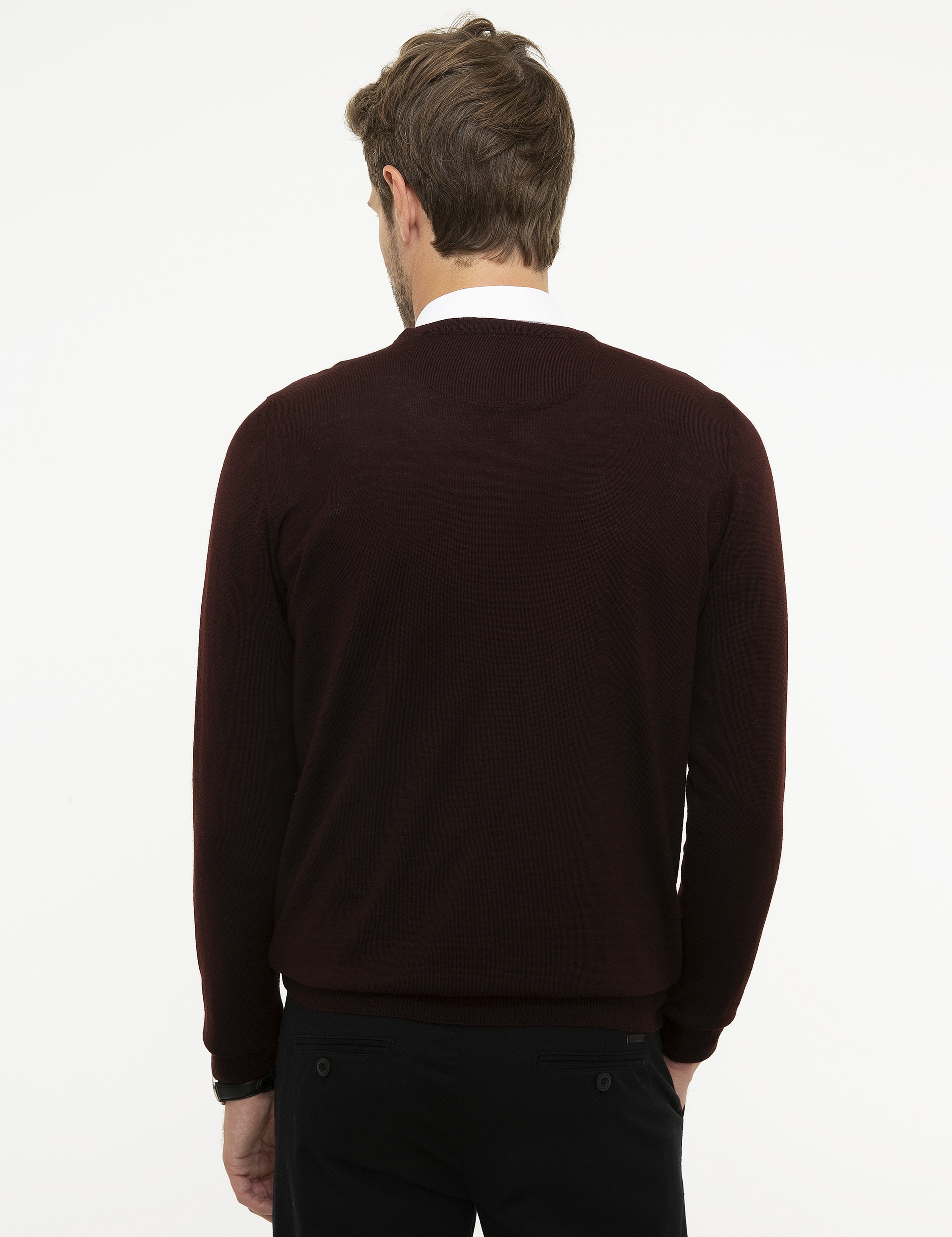 Bordo Slim Fit Bisiklet Yaka Yün Karışımlı Basic Triko Kazak