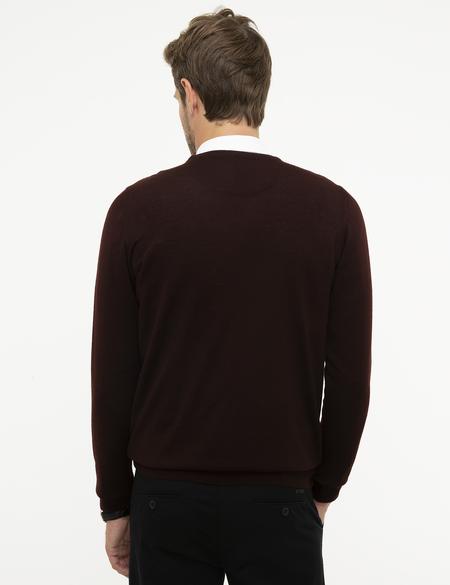 Bordo Slim Fit Bisiklet Yaka Yün Karışımlı Basic Triko Kazak - 50206763044