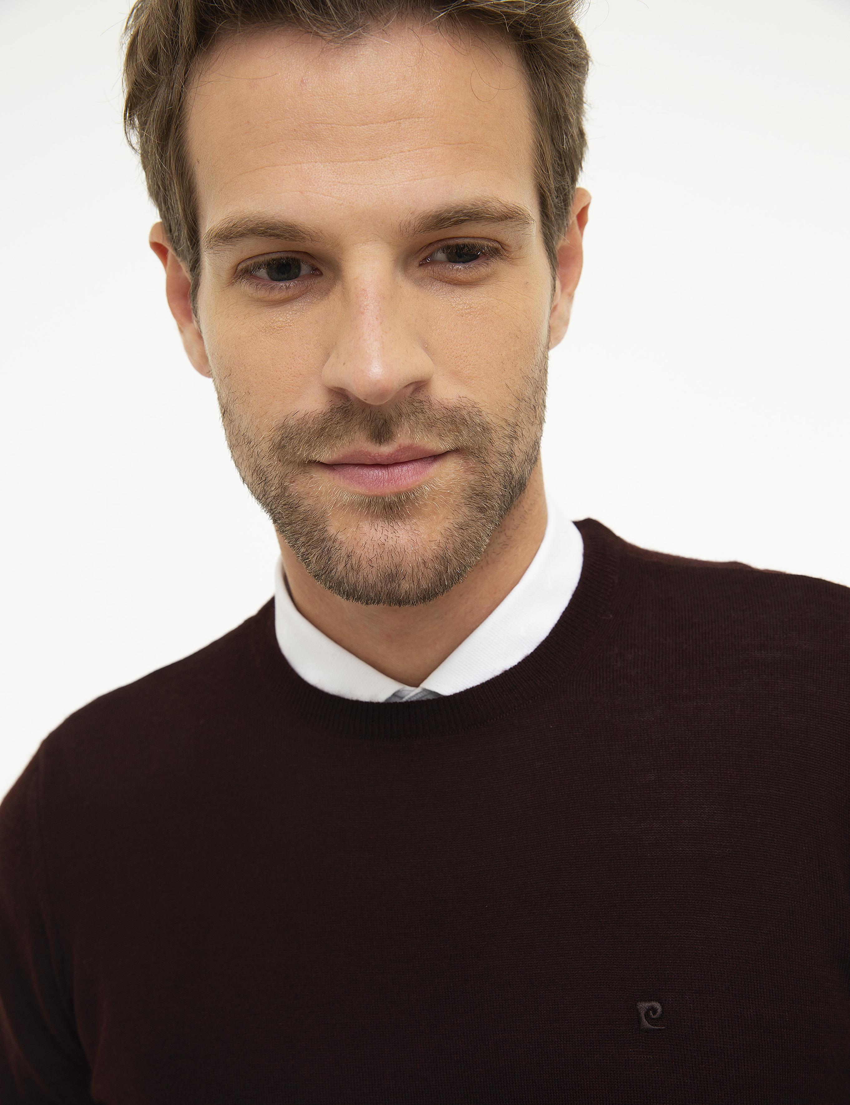 Bordo Slim Fit Bisiklet Yaka Yün Karışımlı Basic Triko Kazak