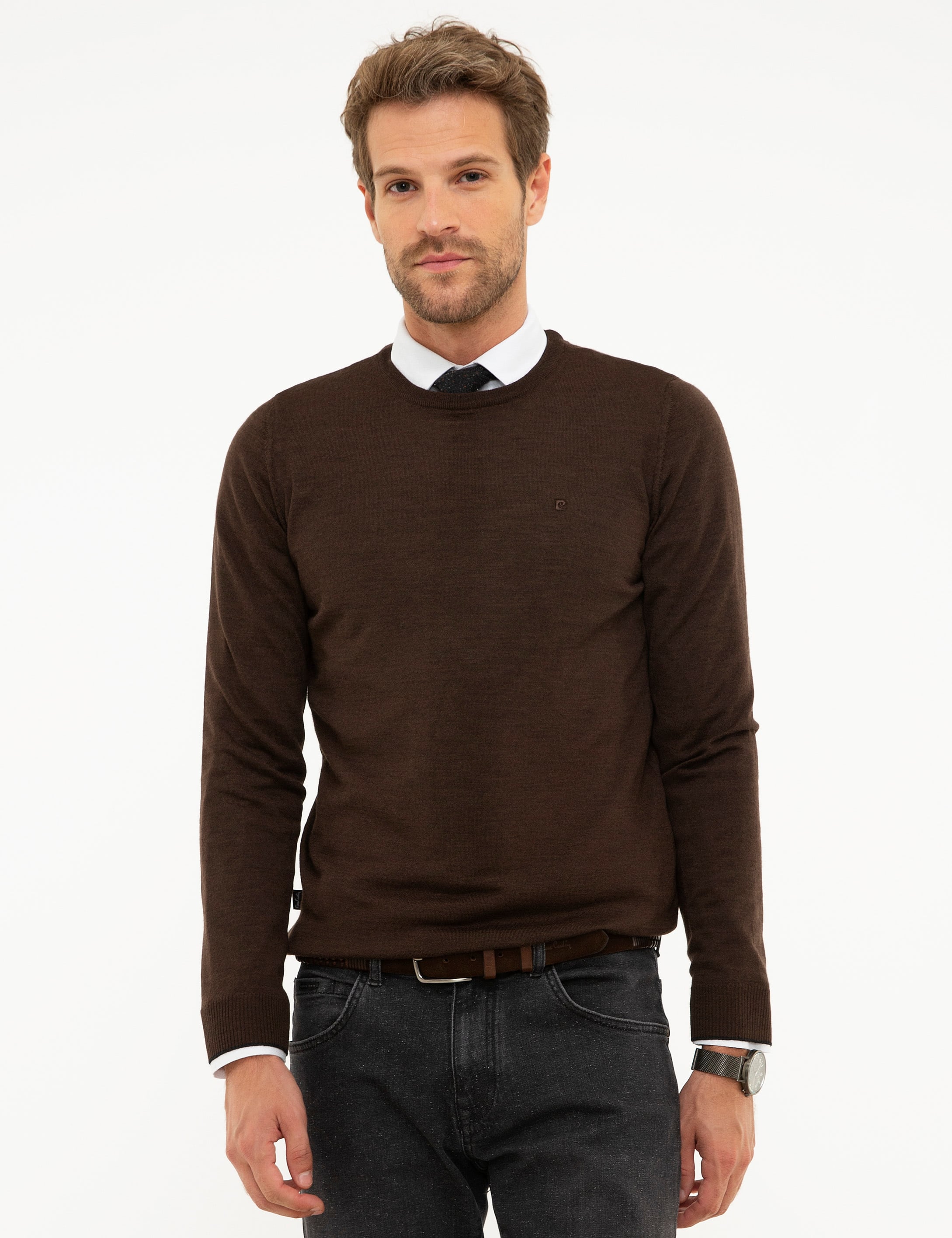 Kahverengi Slim Fit Bisiklet Yaka Basic Triko Kazak