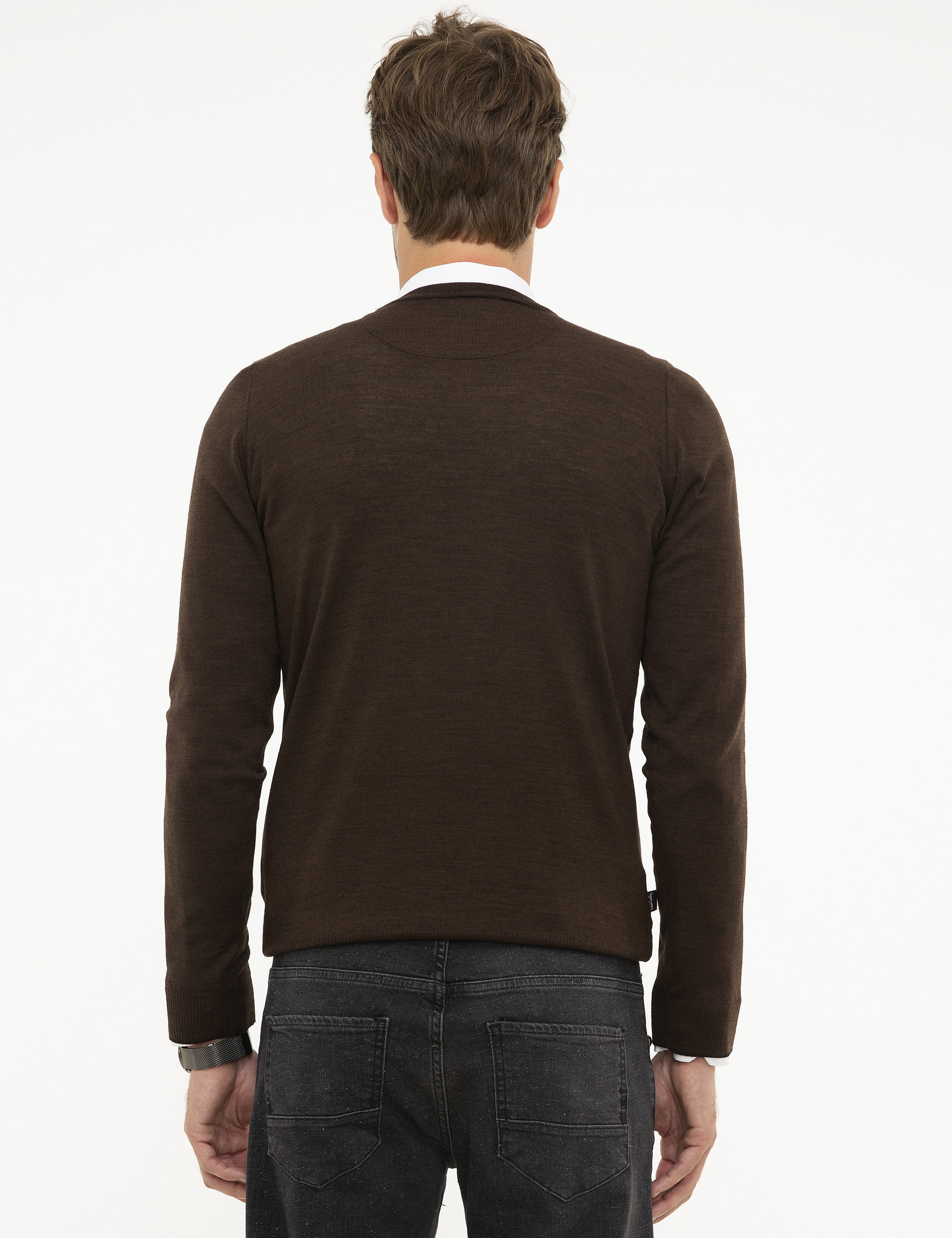 Kahverengi Slim Fit Bisiklet Yaka Basic Triko Kazak