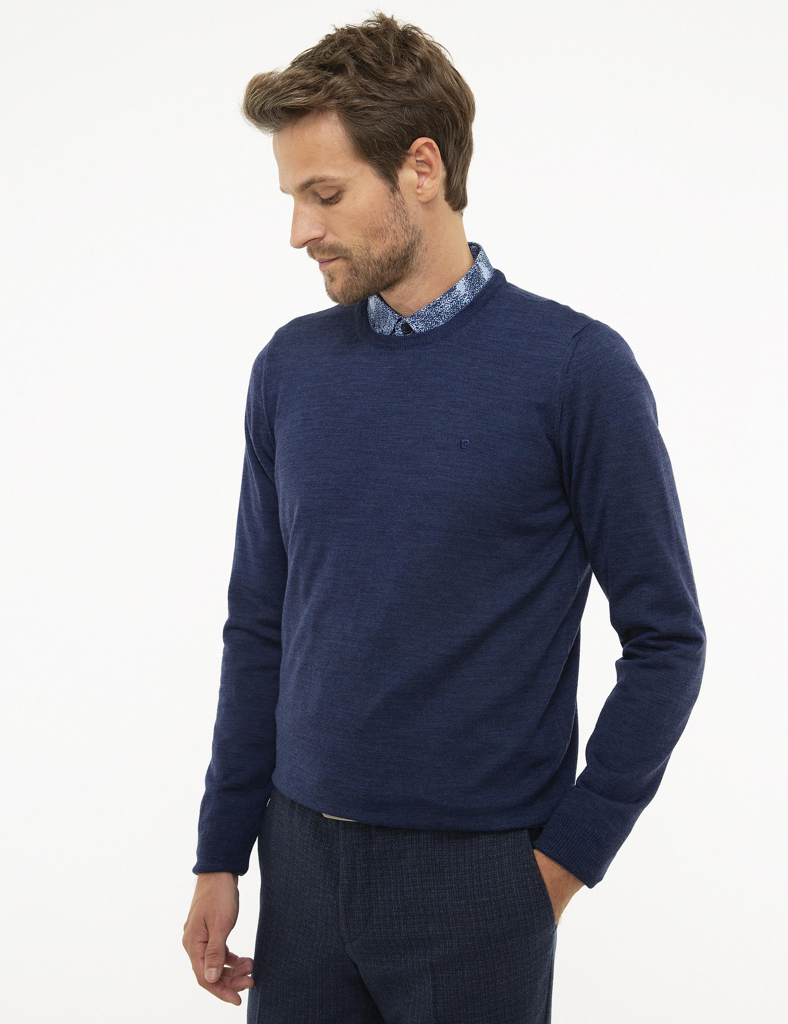 İndigo Mavi Slim Fit Bisiklet Yaka Yün Karışımlı Basic Triko Kazak