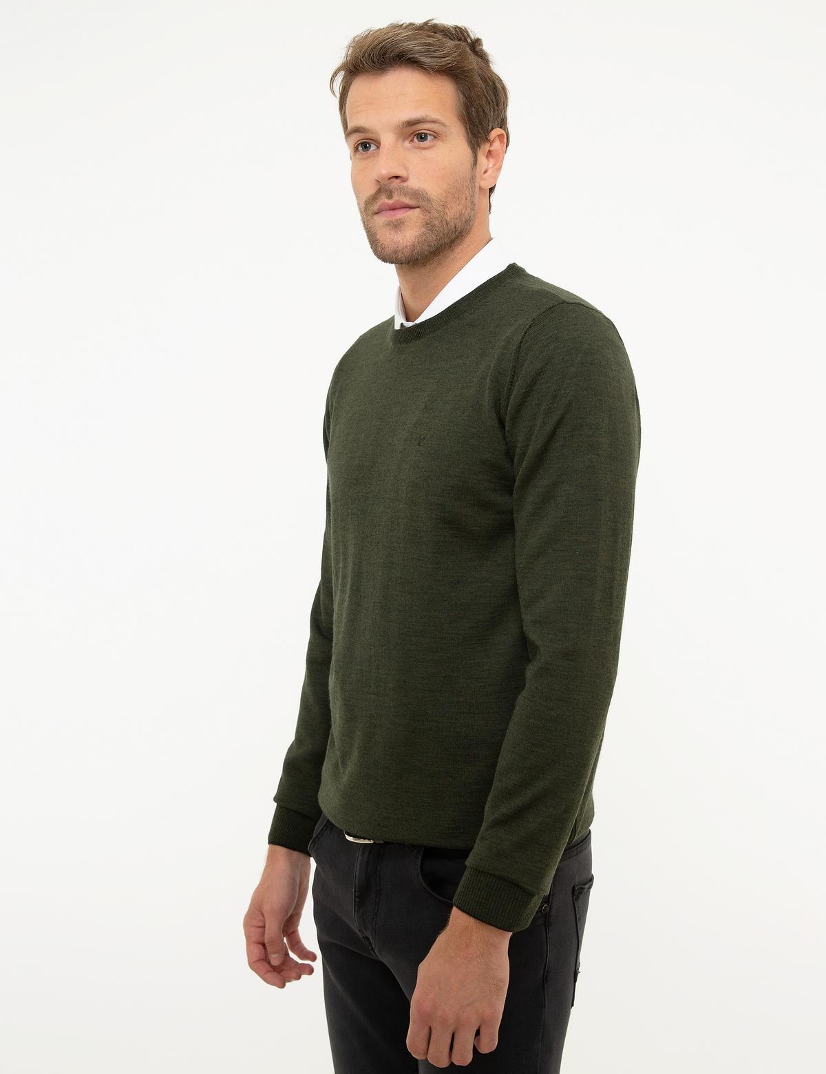 Yeşil Slim Fit Bisiklet Yaka Yün Karışımlı Basic Triko Kazak - 50206763120