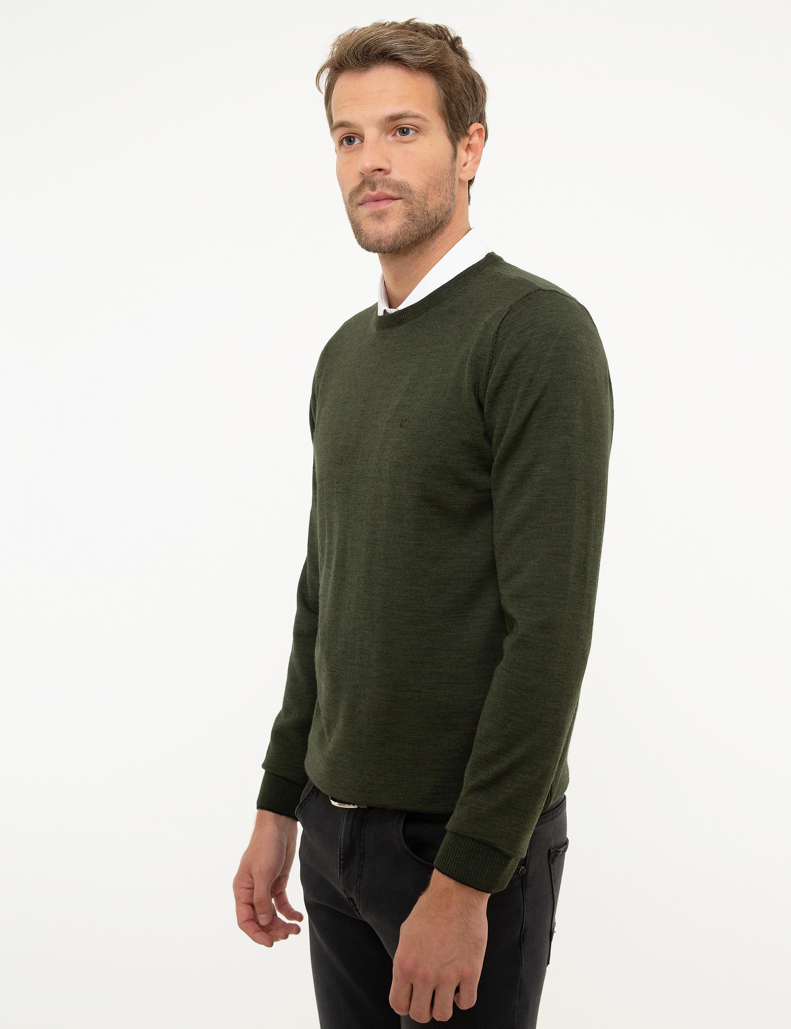 Yeşil Slim Fit Bisiklet Yaka Yün Karışımlı Basic Triko Kazak