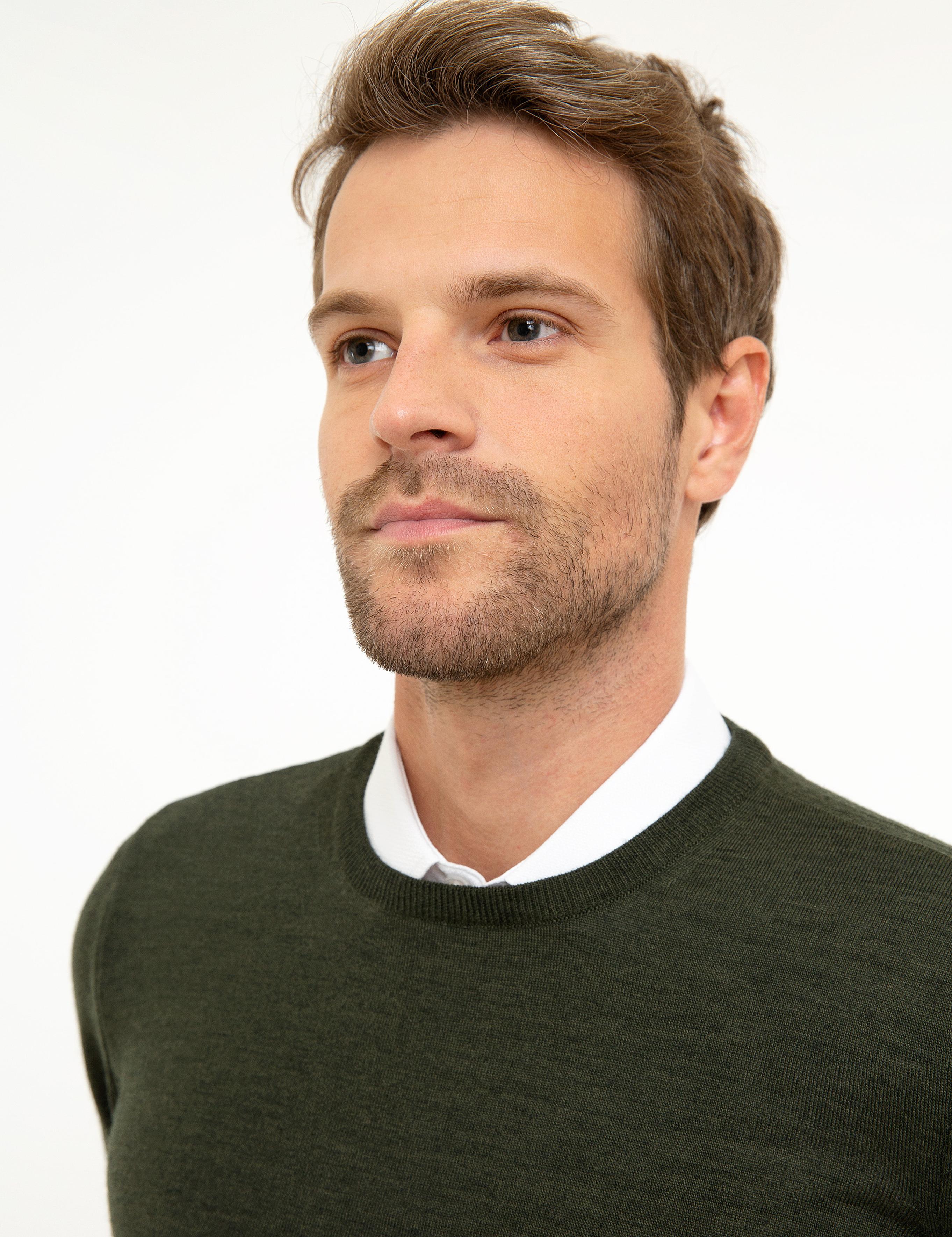 Yeşil Slim Fit Bisiklet Yaka Yün Karışımlı Basic Triko Kazak