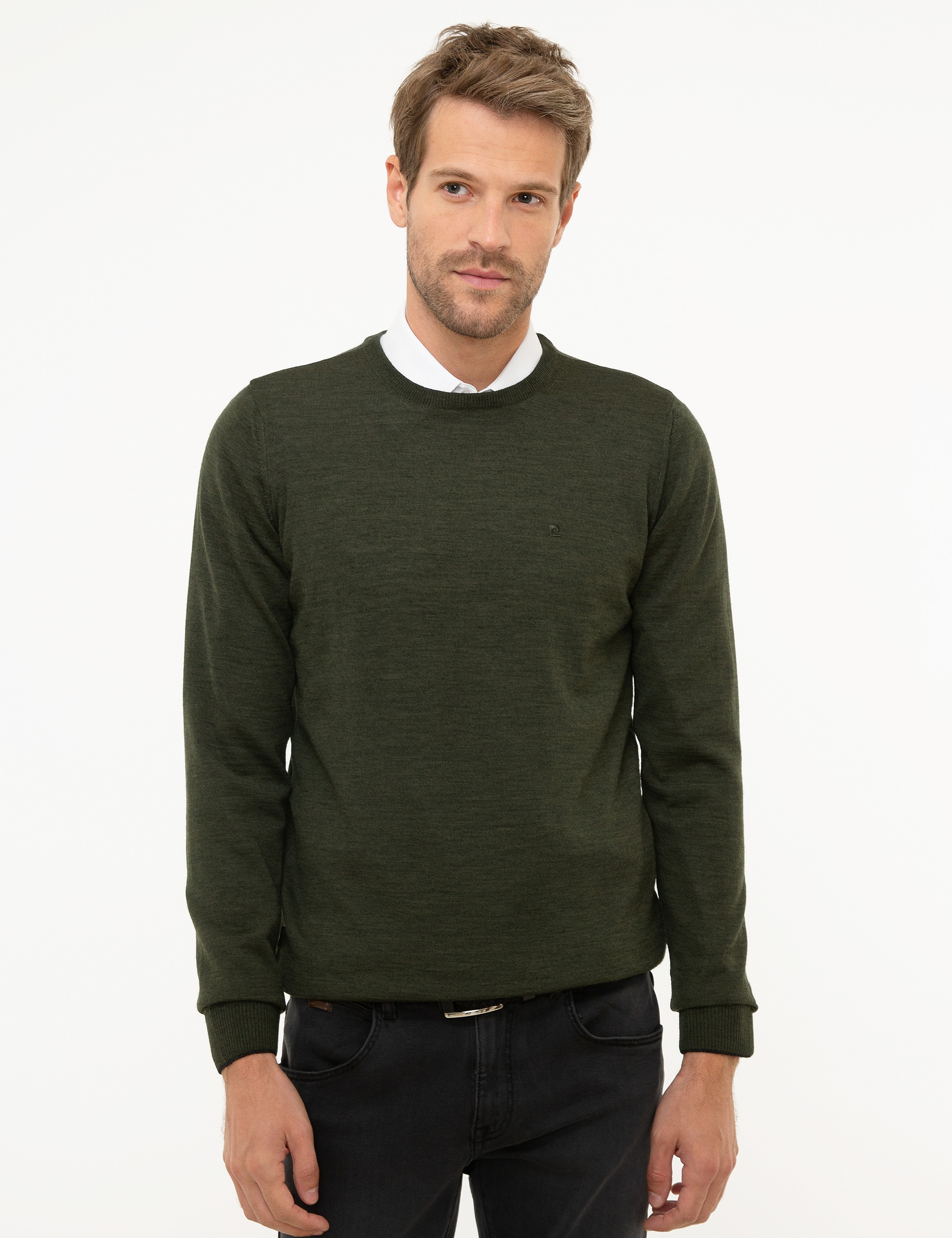 Yeşil Slim Fit Bisiklet Yaka Yün Karışımlı Basic Triko Kazak