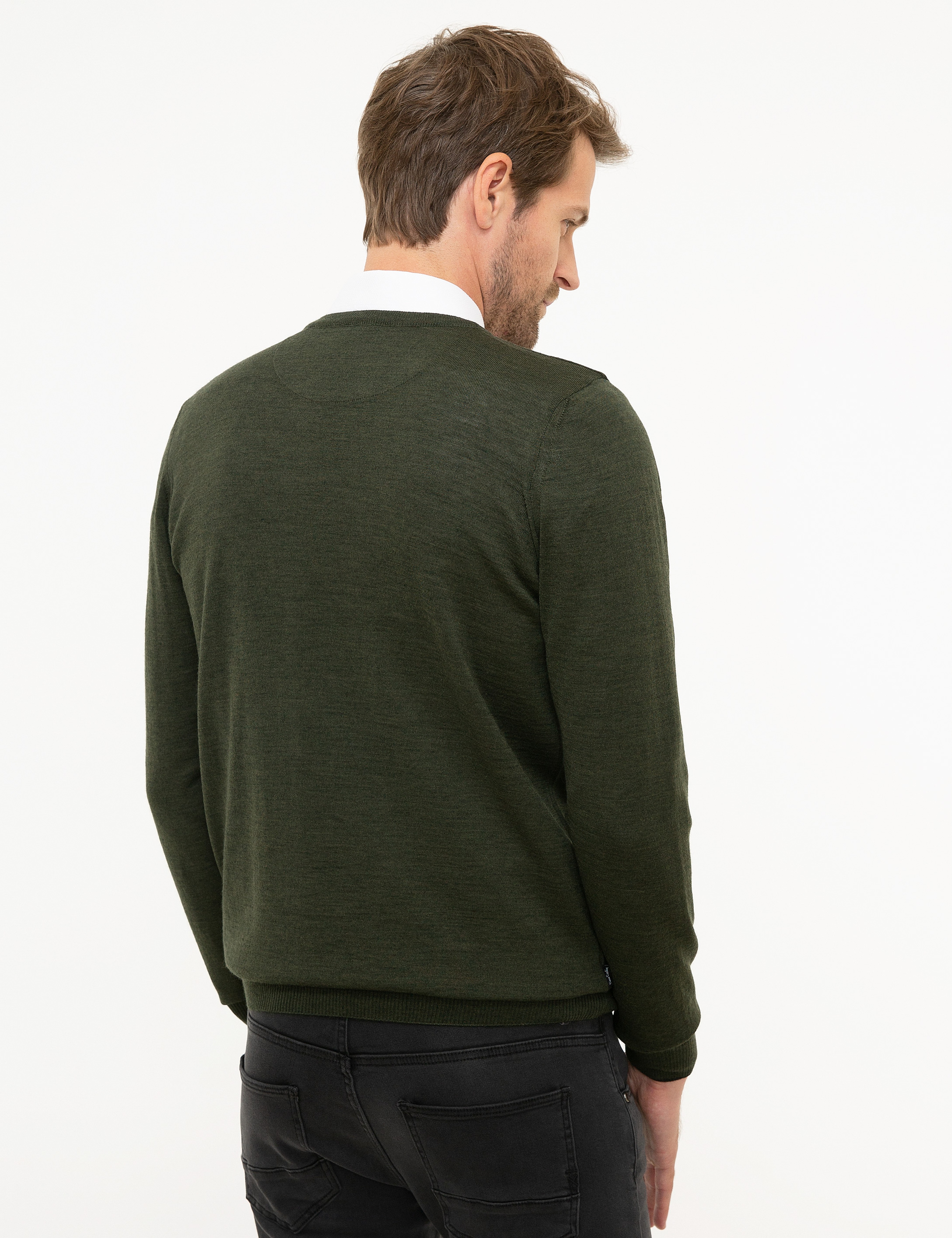 Yeşil Slim Fit Bisiklet Yaka Yün Karışımlı Basic Triko Kazak - Image 4