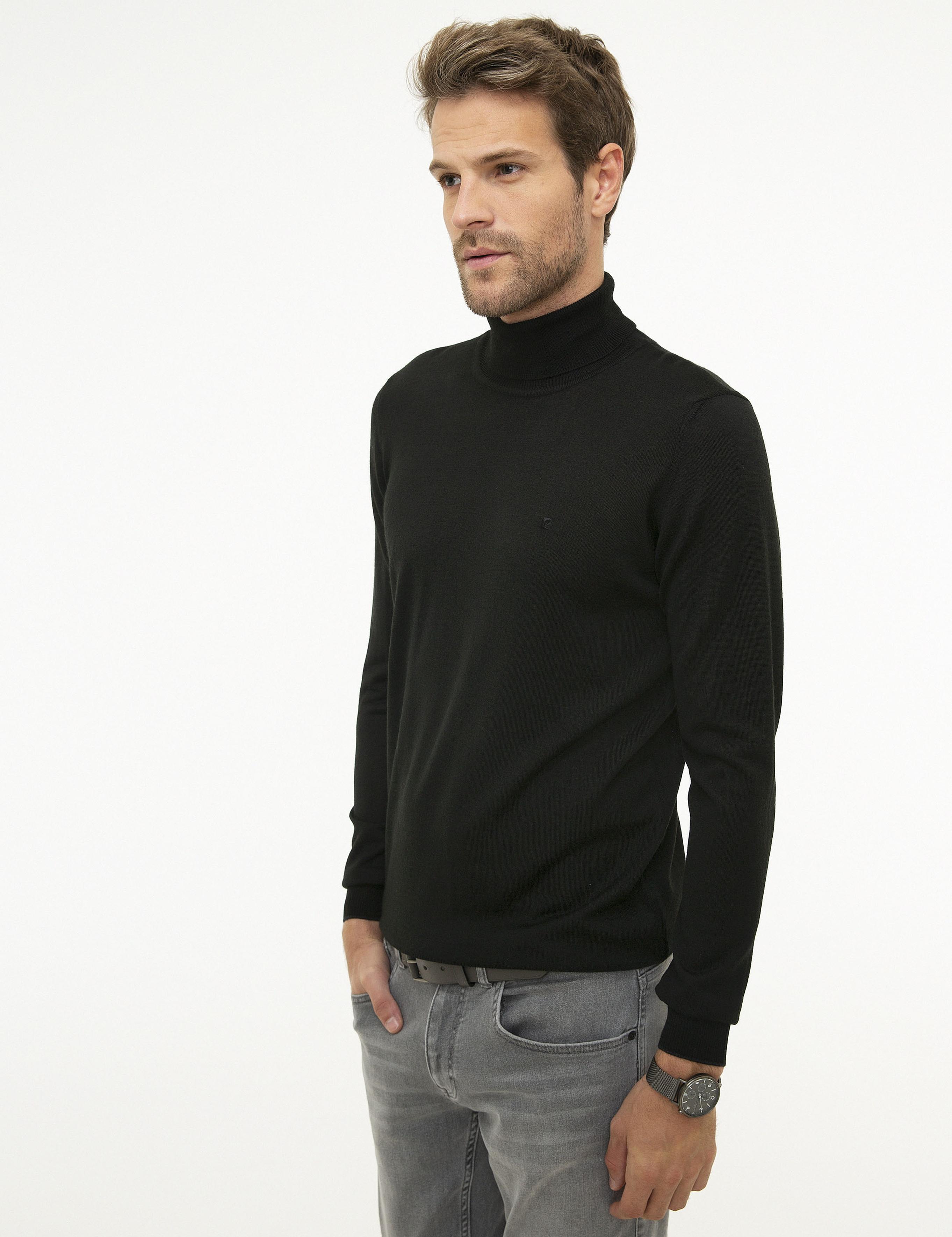 Siyah Slim Fit Tam Balıkçı Yaka Basic Triko Kazak