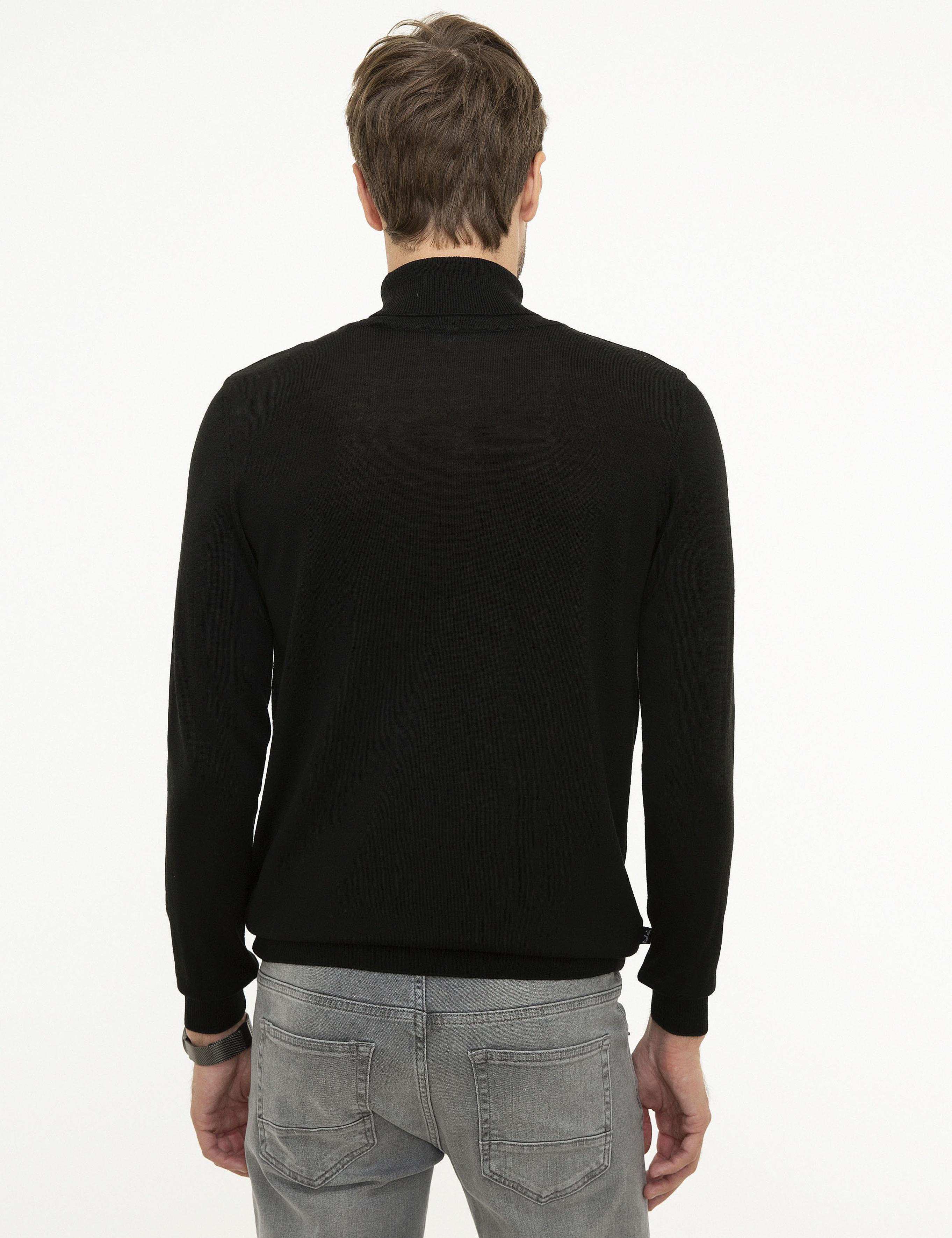 Siyah Slim Fit Tam Balıkçı Yaka Basic Triko Kazak