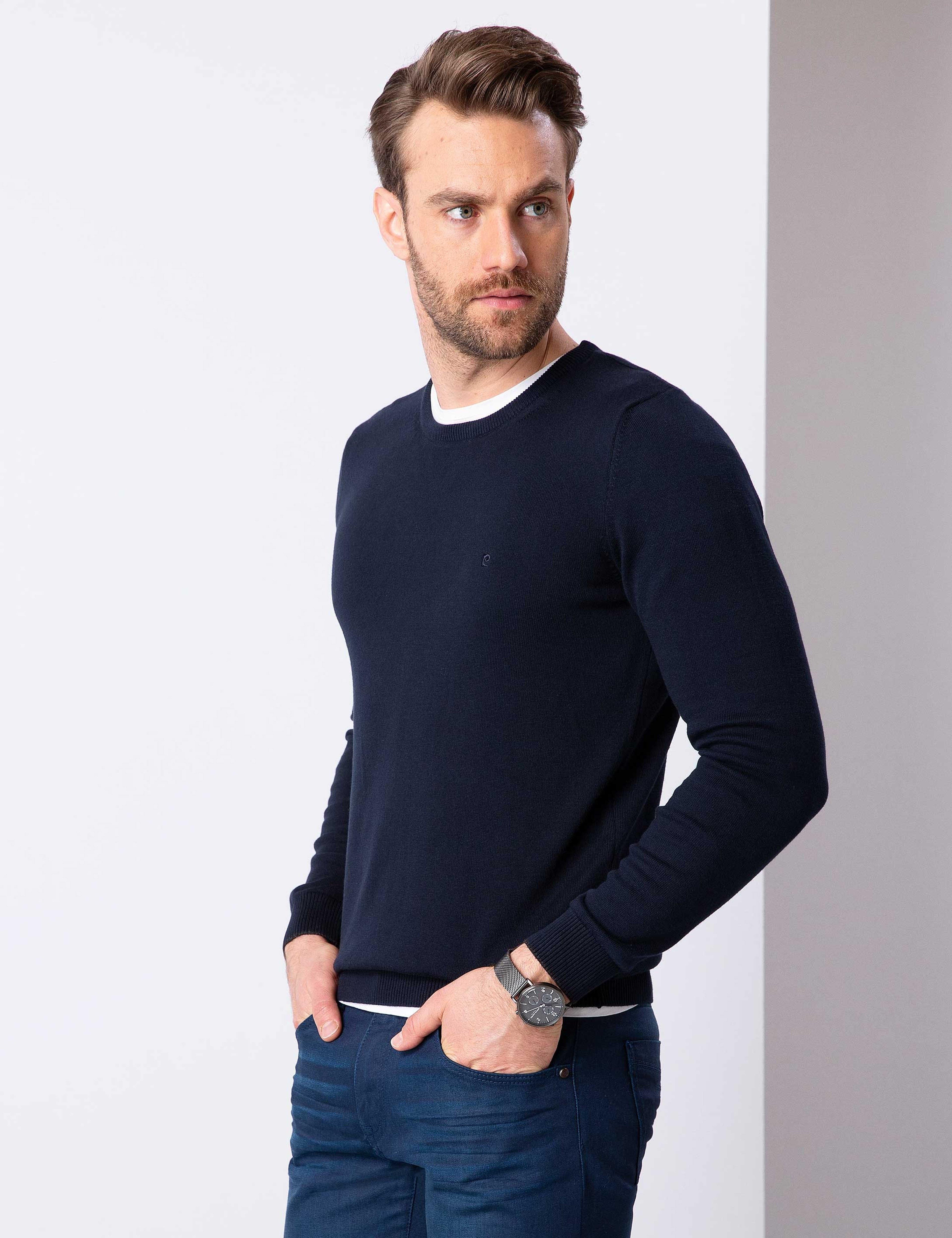 Koyu Lacivert Slim Fit Basic Kazak - Image 2