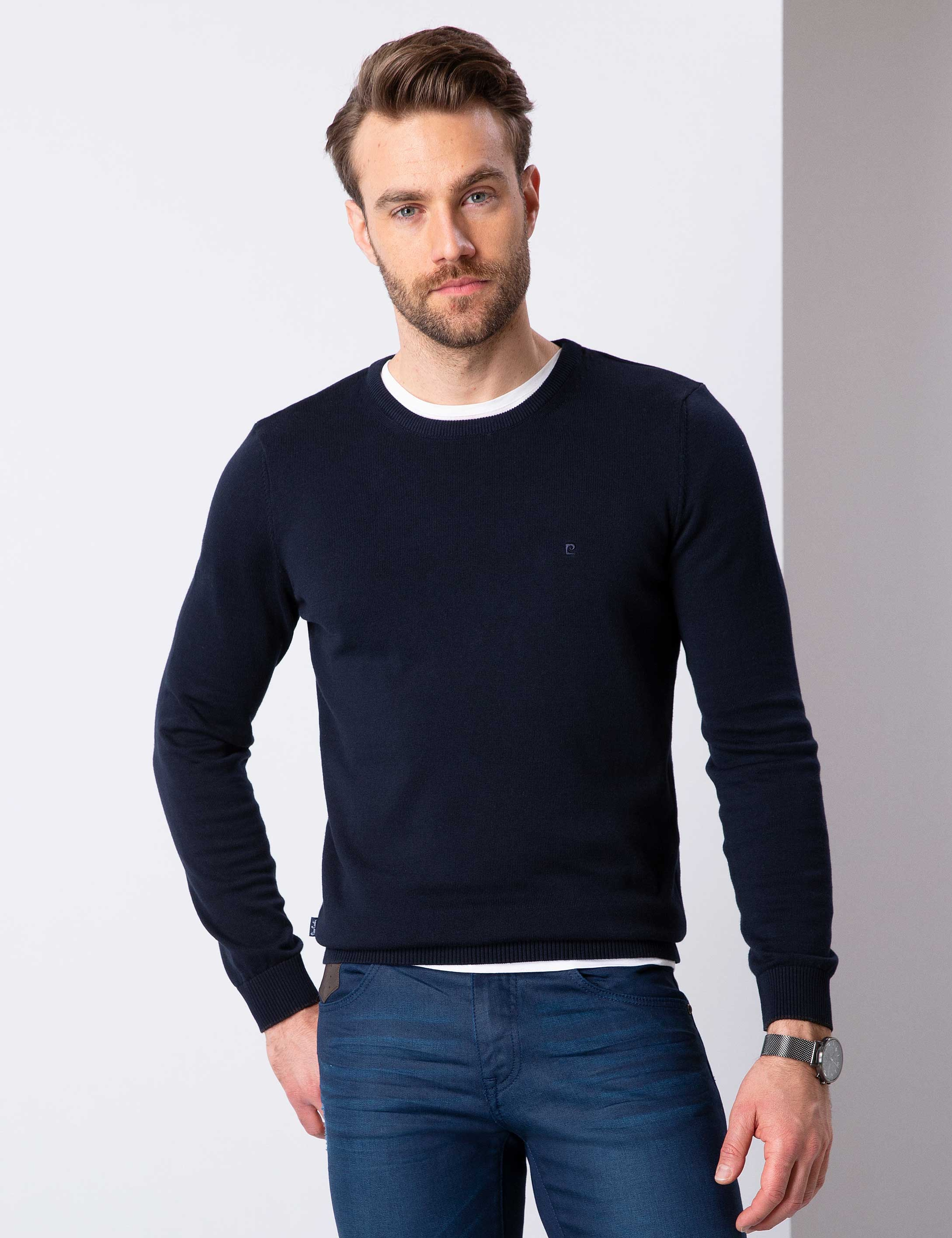 Koyu Lacivert Slim Fit Basic Kazak - Image 1