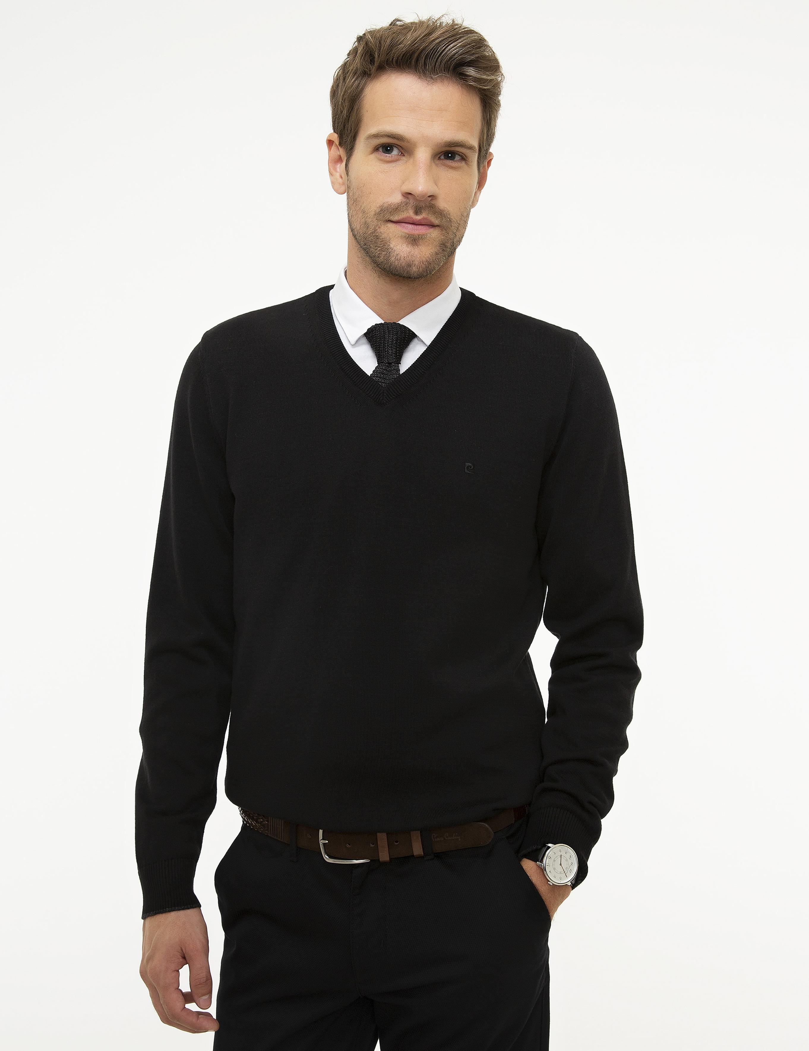 Siyah Slim Fit V Yaka Basic Triko Kazak