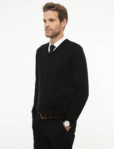 Siyah Slim Fit V Yaka Basic Triko Kazak