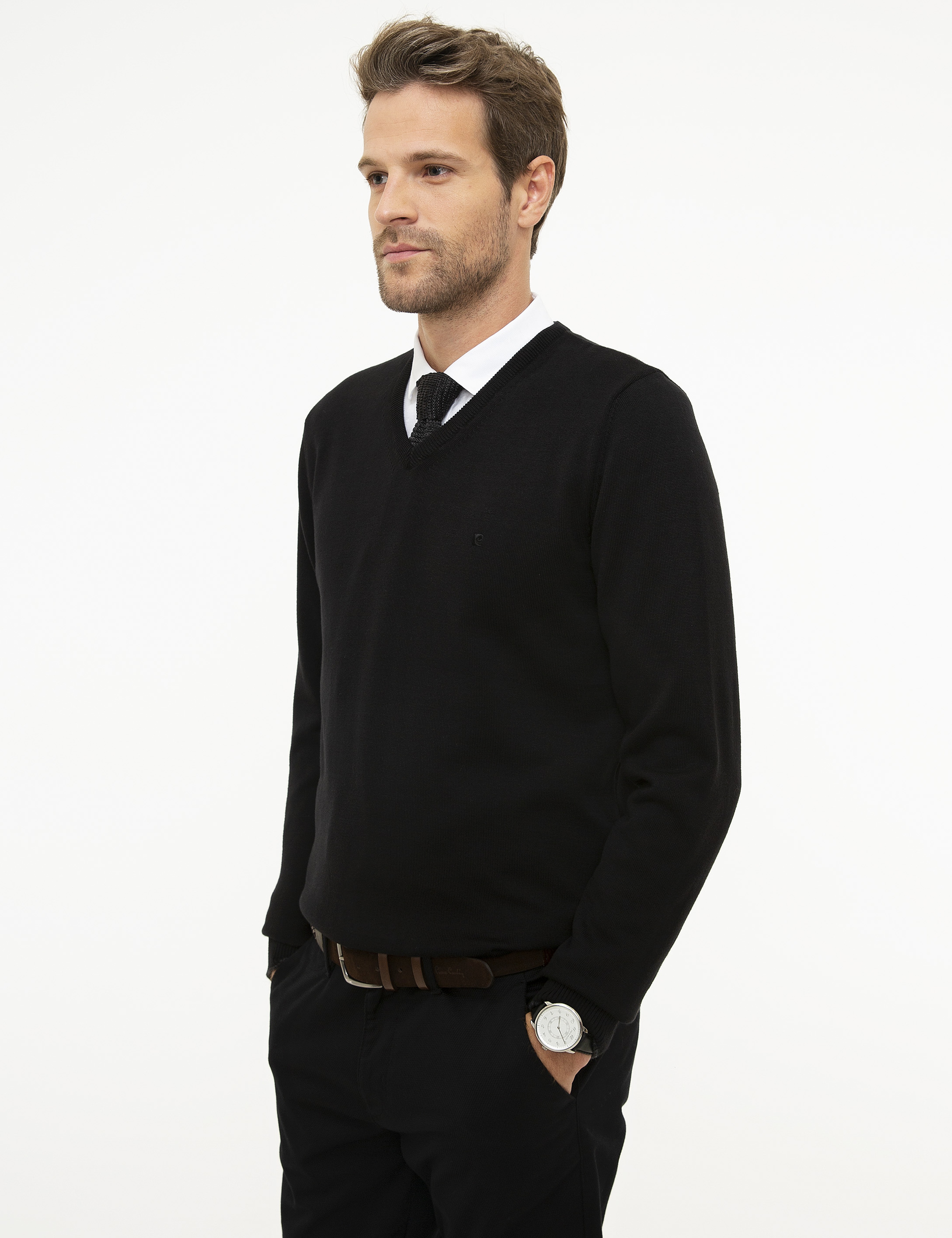 Siyah Slim Fit V Yaka Basic Triko Kazak