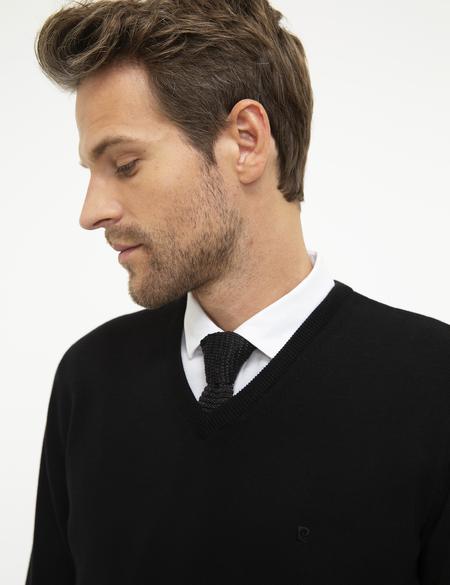 Siyah Slim Fit V Yaka Basic Triko Kazak - 50207495004