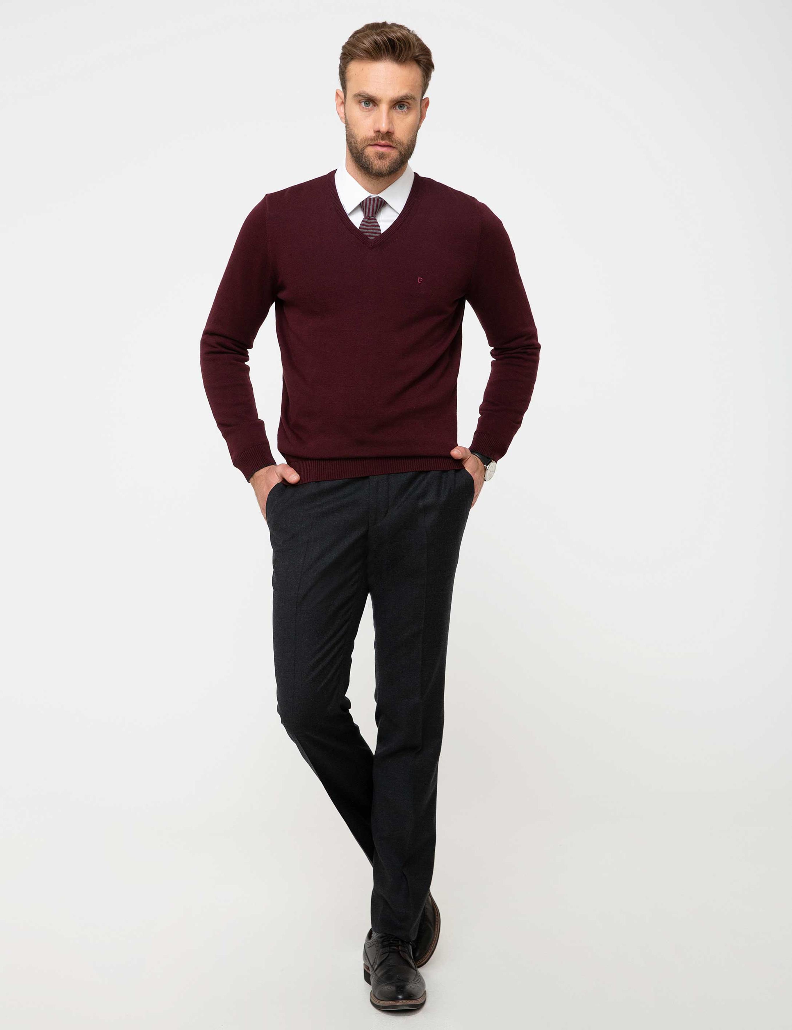Bordo Slim Fit V Yaka Basic Triko Kazak