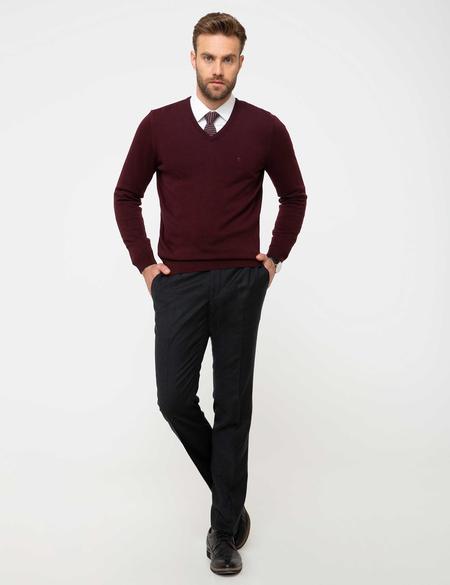 Bordo Slim Fit V Yaka Basic Triko Kazak - 50207495021