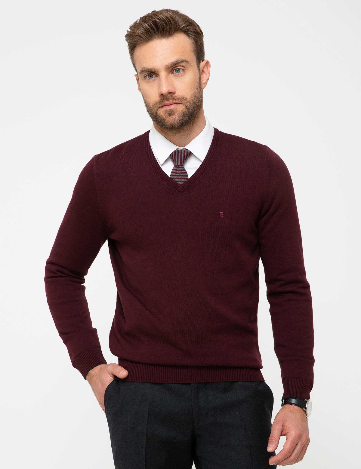 Bordo Slim Fit V Yaka Basic Triko Kazak