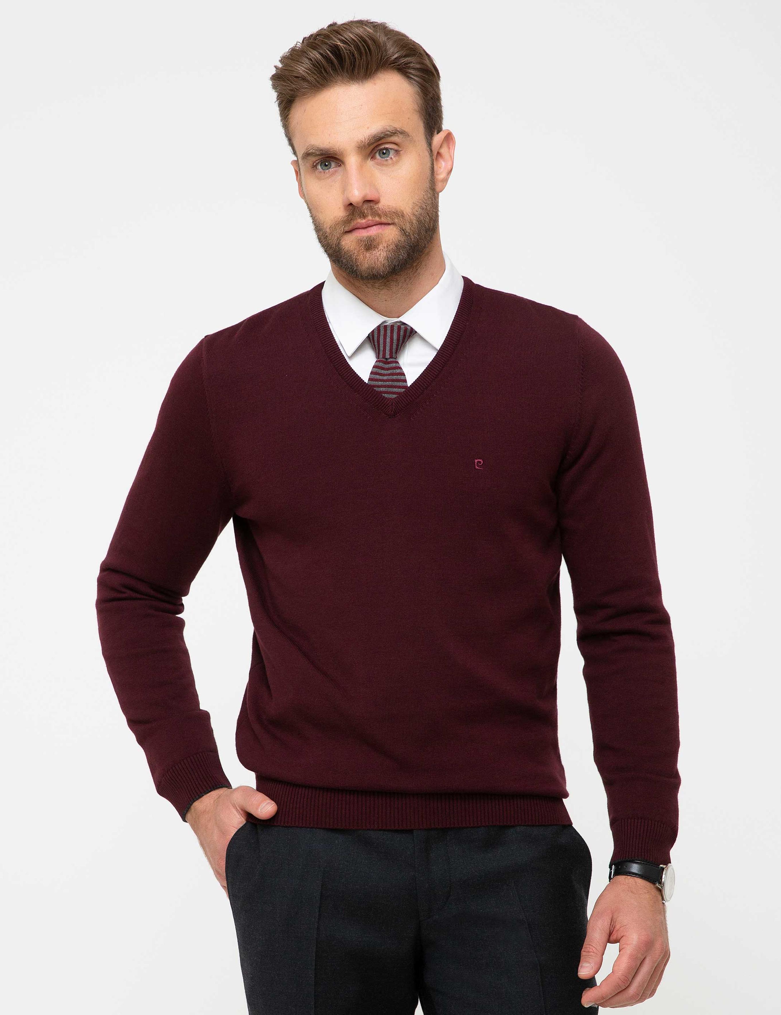 Bordo Slim Fit V Yaka Basic Triko Kazak