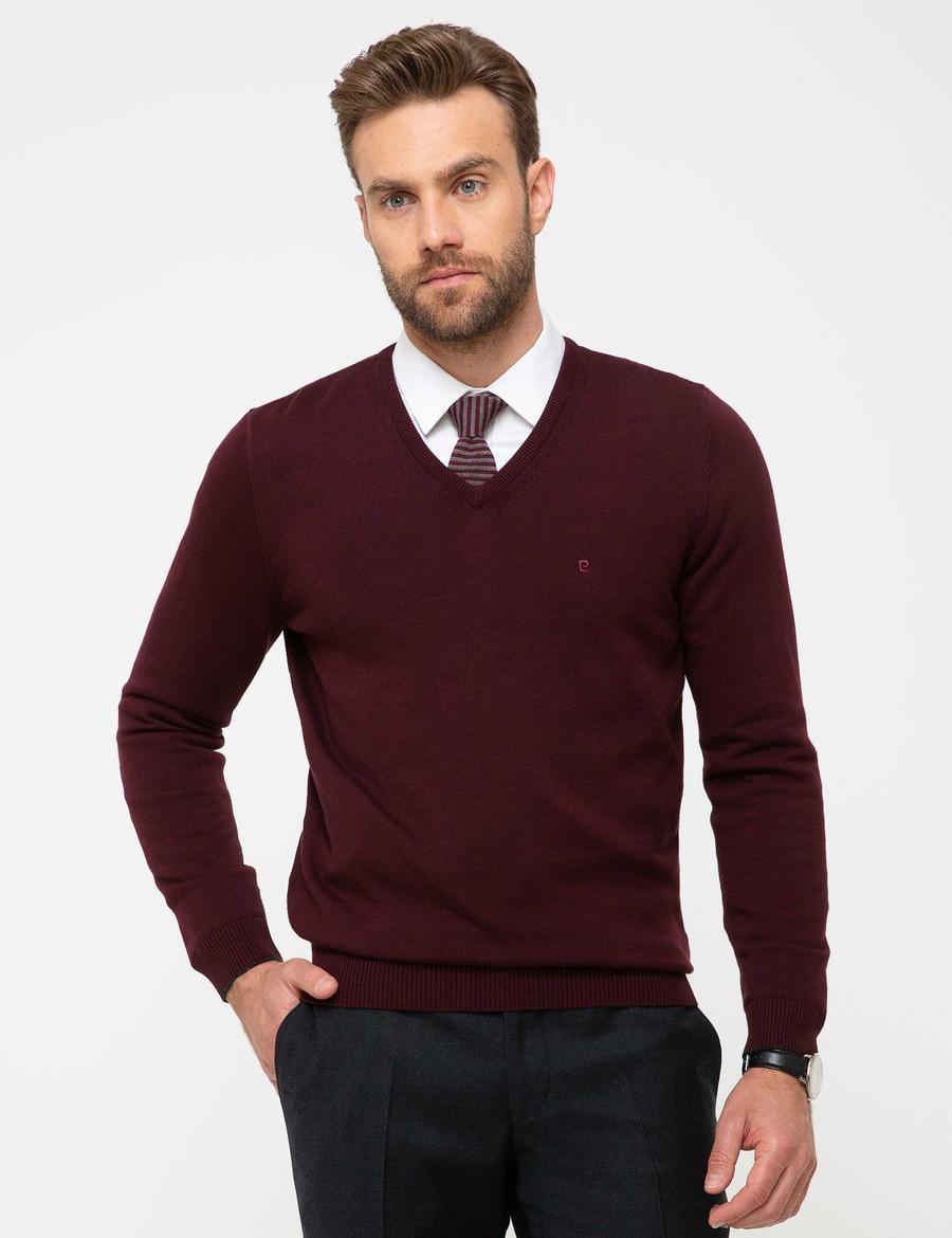 Bordo Slim Fit V Yaka Basic Triko Kazak