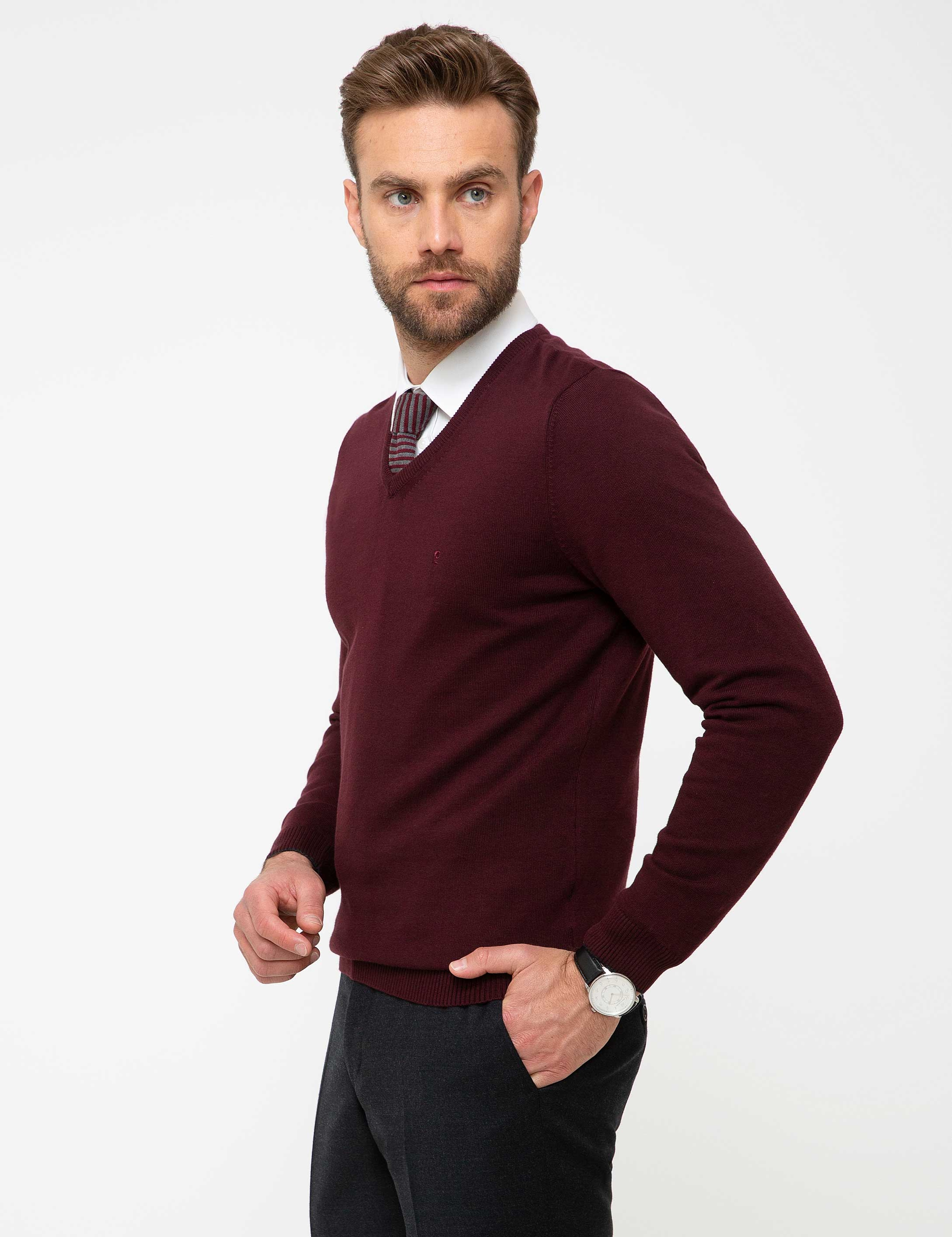 Bordo Slim Fit V Yaka Basic Triko Kazak - Image 2