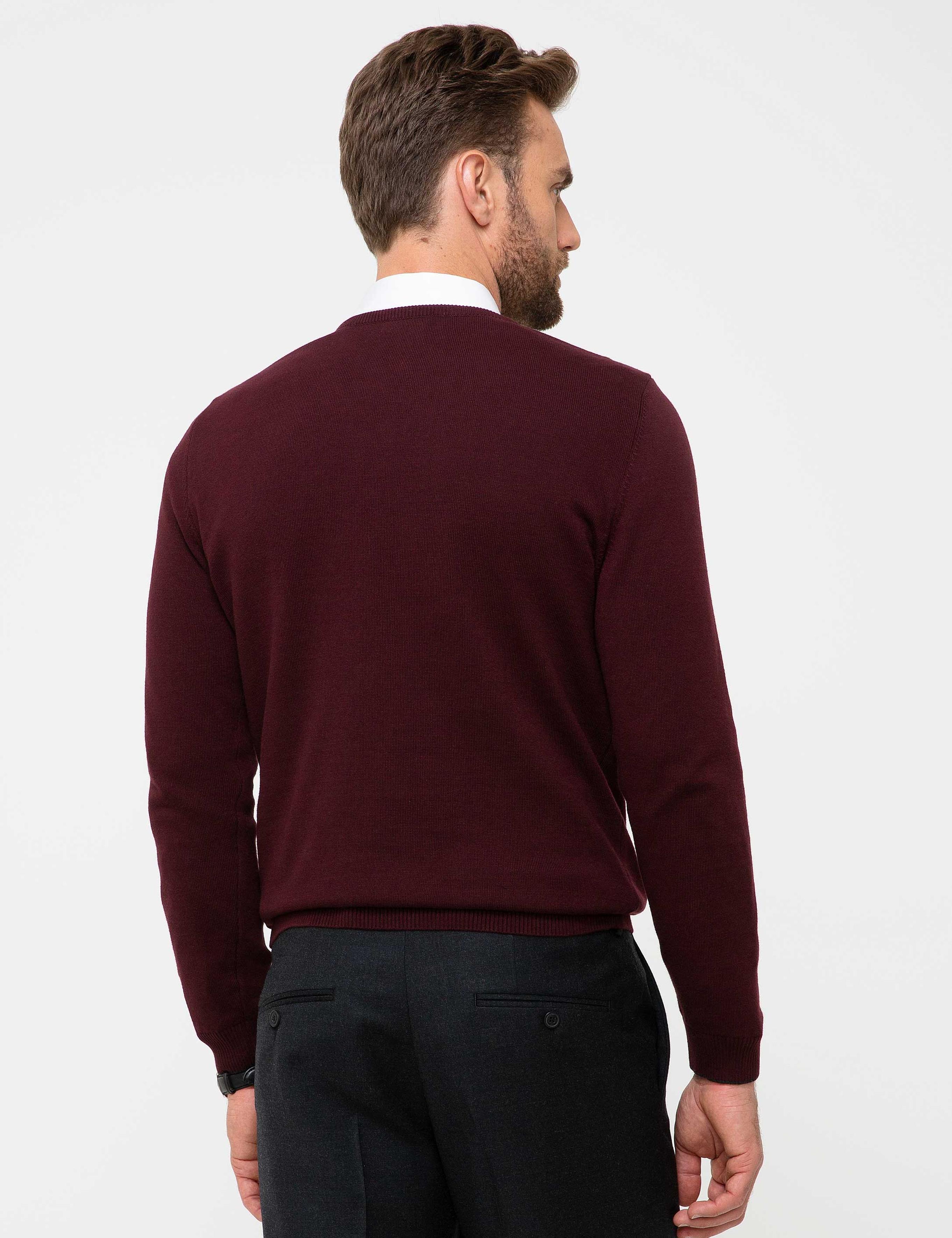 Bordo Slim Fit V Yaka Basic Triko Kazak
