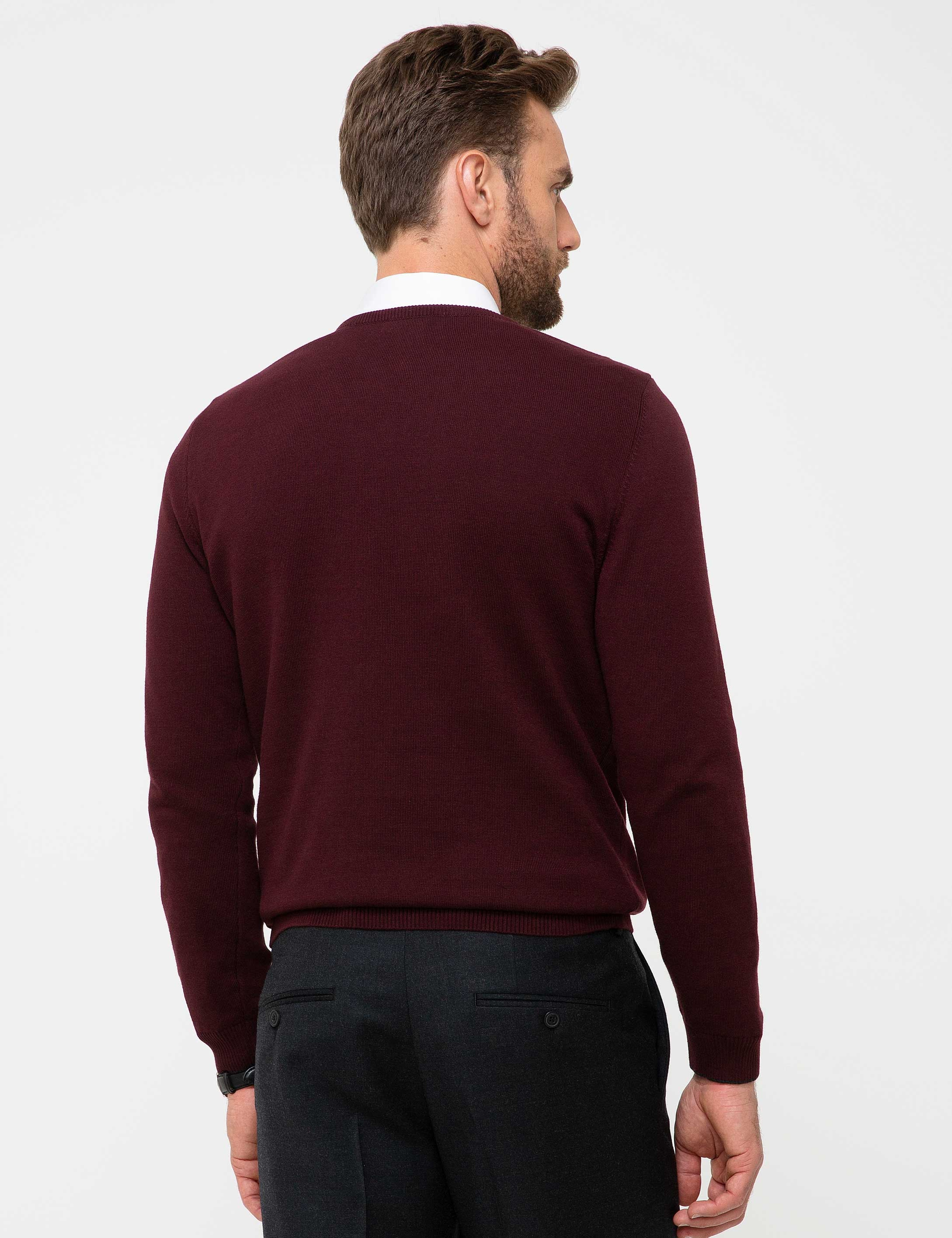 Bordo Slim Fit V Yaka Basic Triko Kazak - Image 3