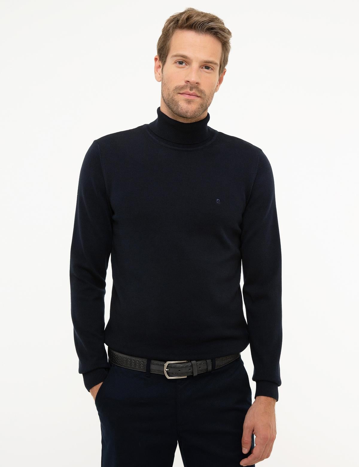 Koyu Lacivert Slim Fit Tam Balıkçı Yaka Basic Triko Kazak