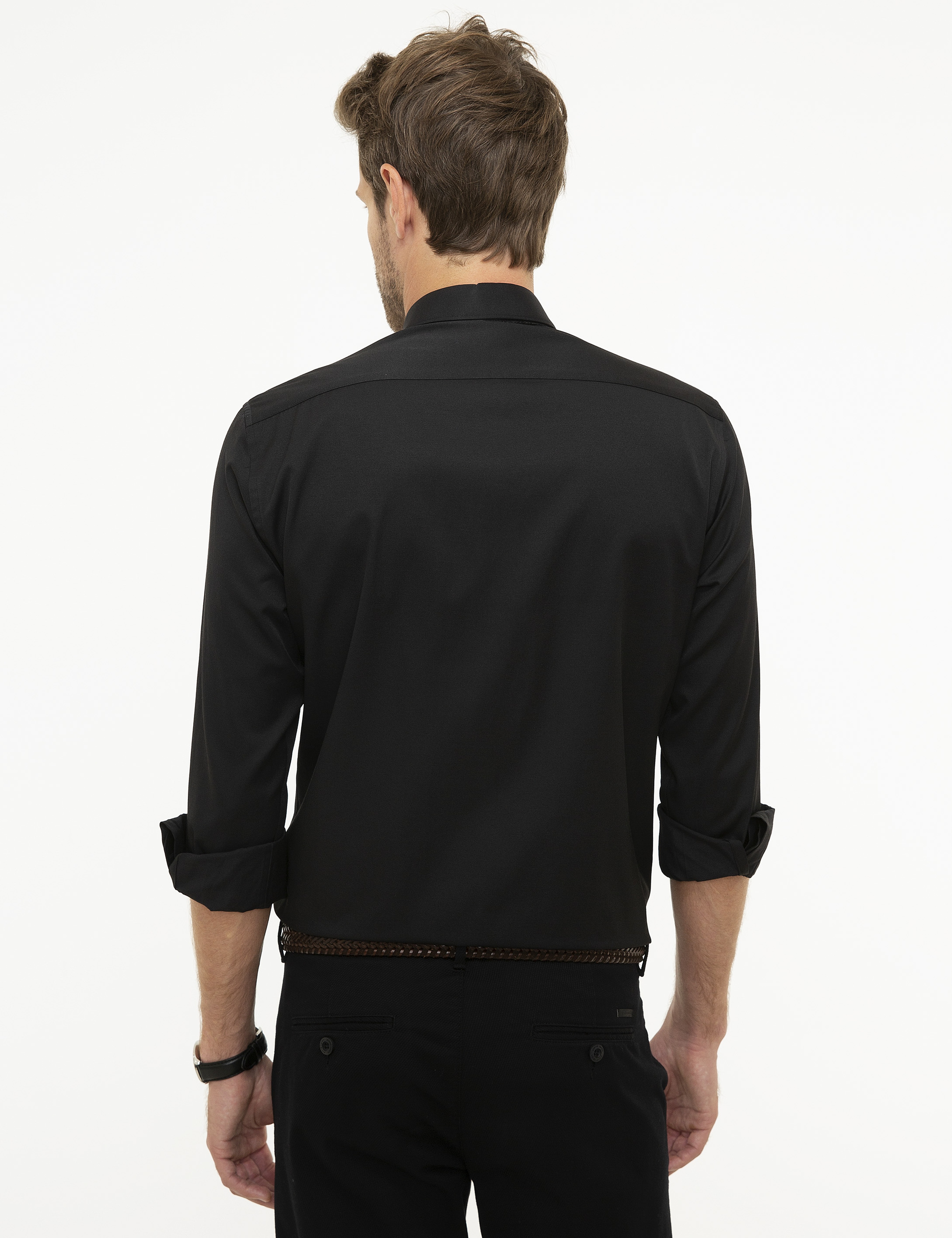 Siyah Slim Fit Uzun Kollu Basic Gömlek - Image 3