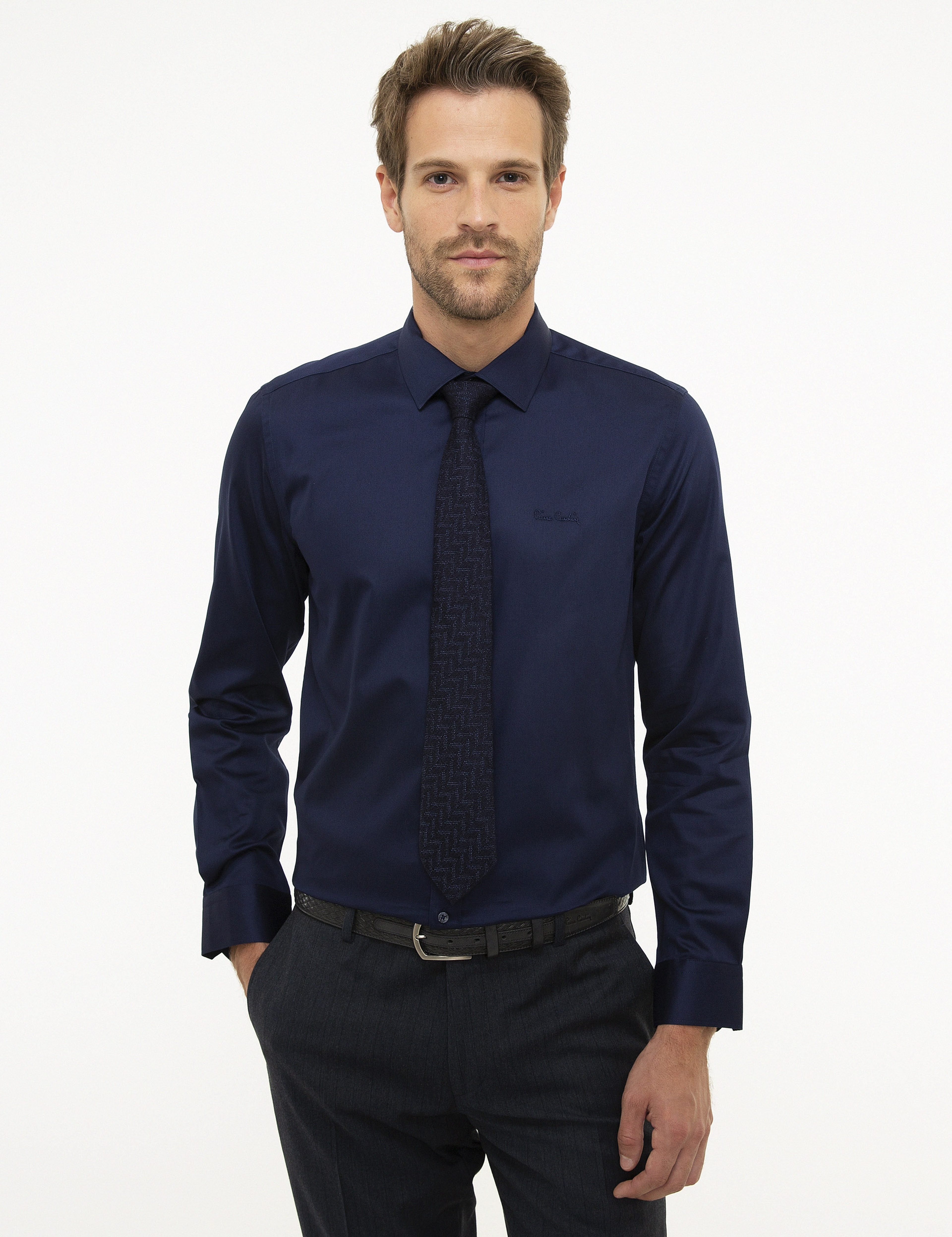 Lacivert Slim Fit Uzun Kollu Klasik Gömlek - Image 1