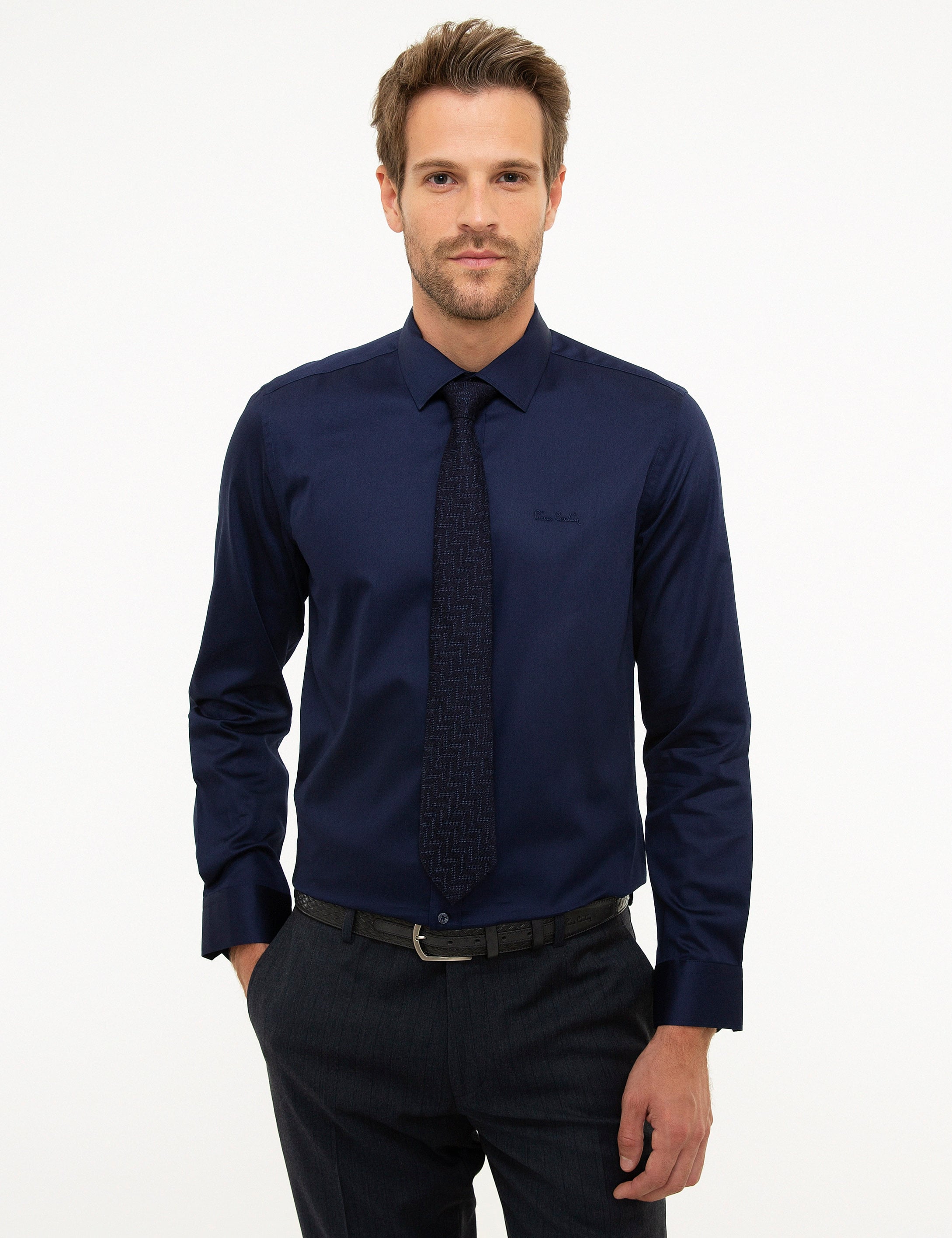 Lacivert Slim Fit Uzun Kollu Klasik Gömlek