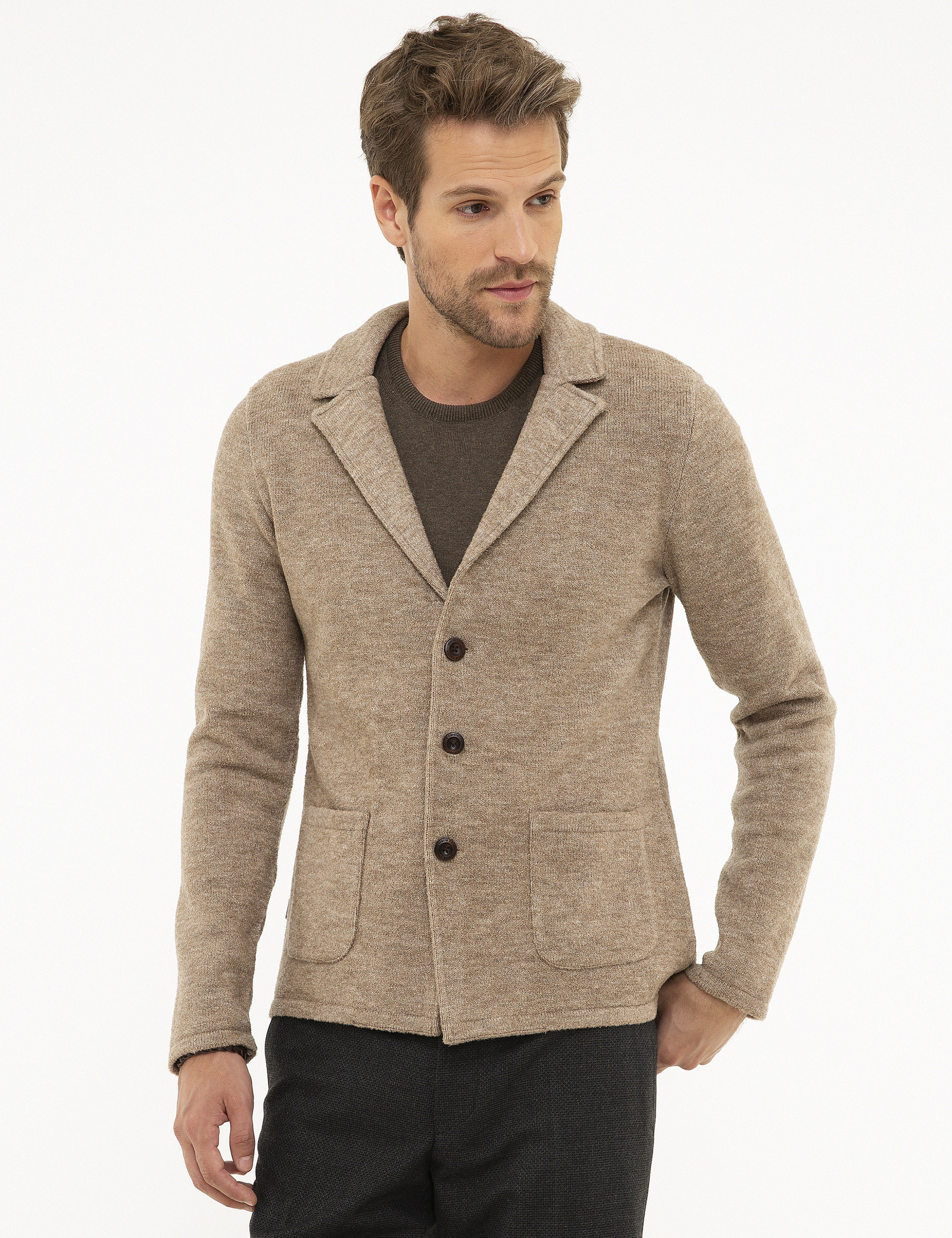 Bej Slim Fit Triko Hırka - Image 1