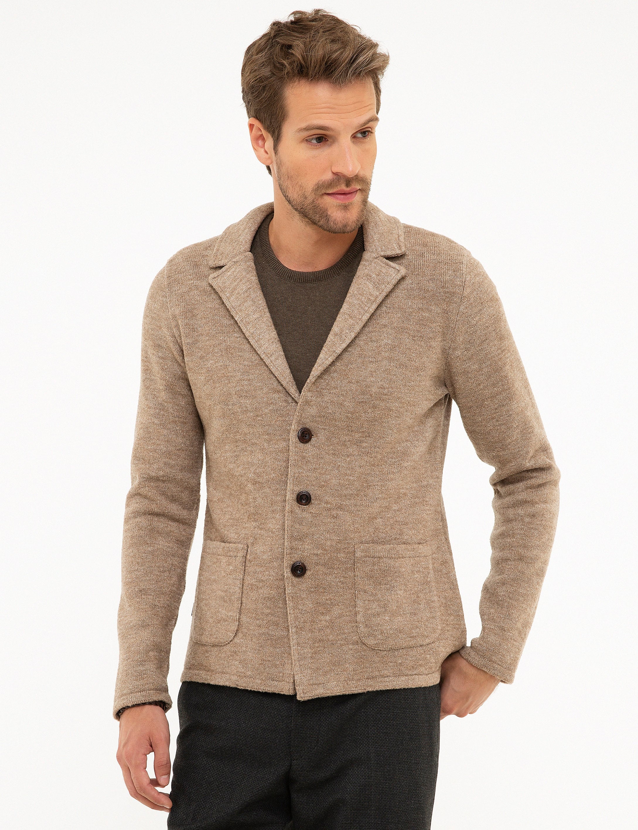 Bej Slim Fit Triko Hırka