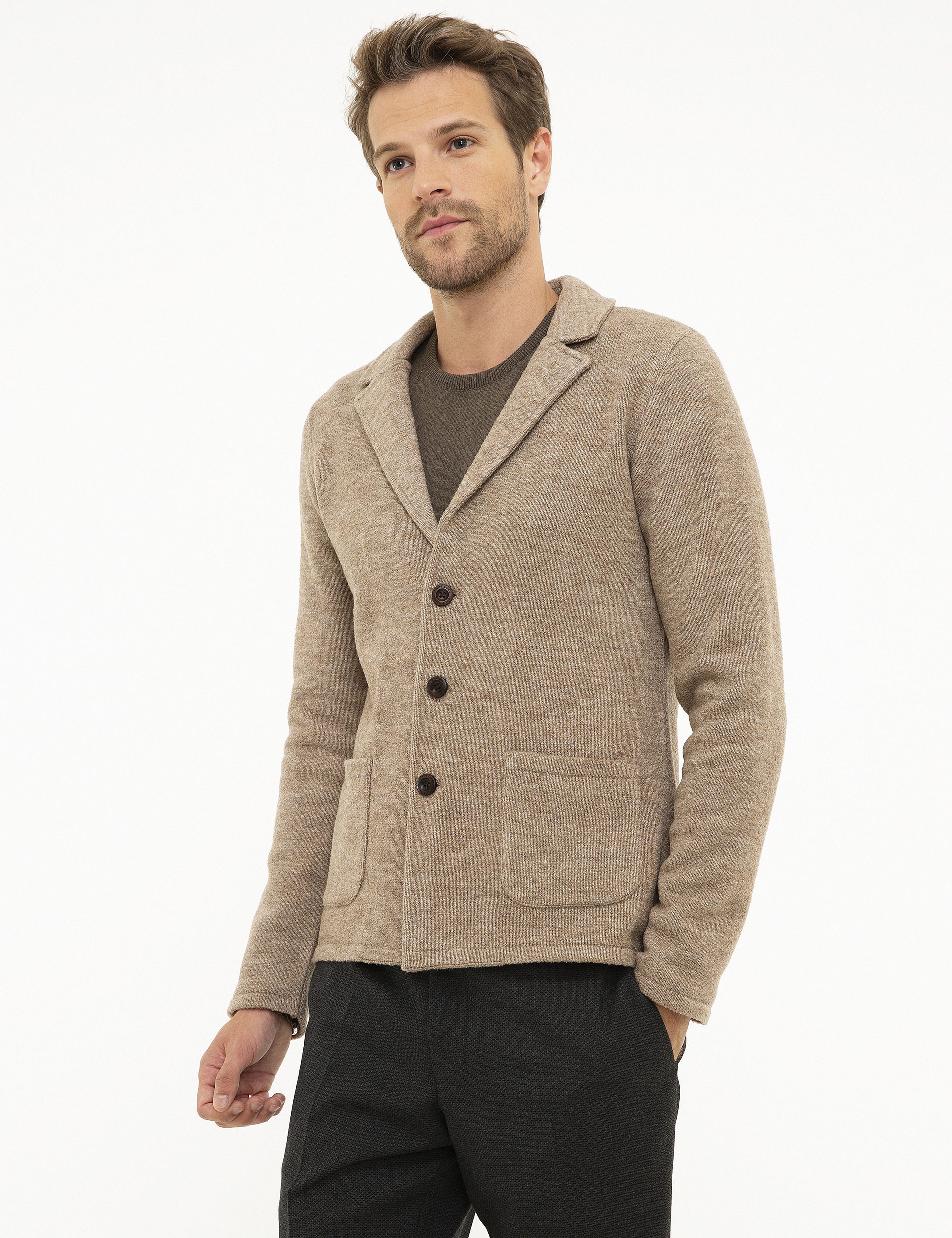 Bej Slim Fit Triko Hırka - Image 3