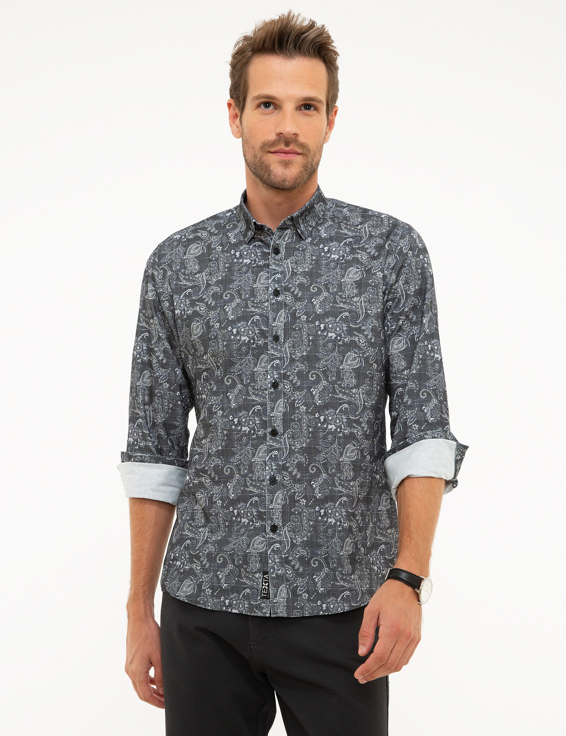 Koyu Gri Slim Fit Uzun Kollu Gömlek - Image 1