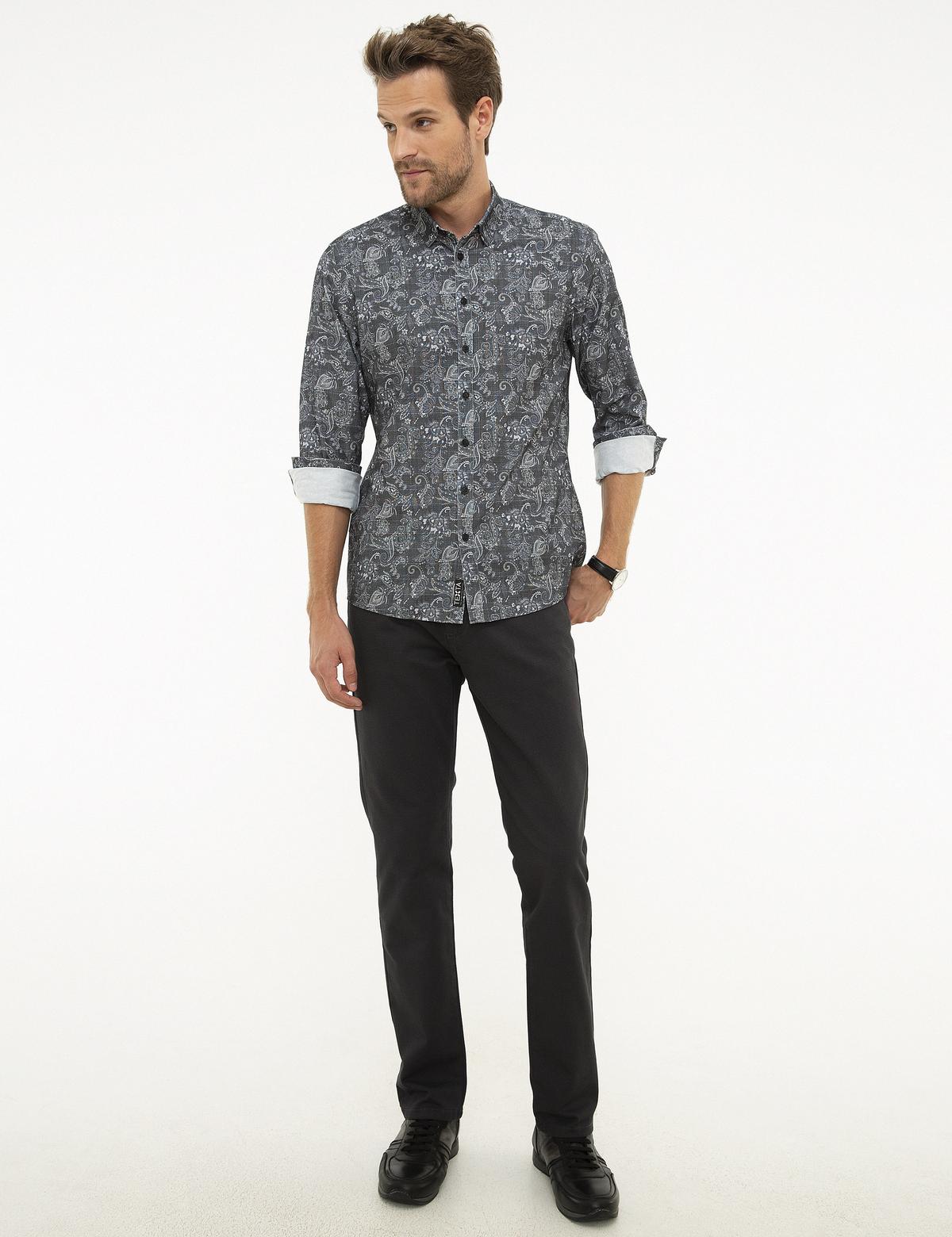 Koyu Gri Slim Fit Uzun Kollu Gömlek - 50209248019