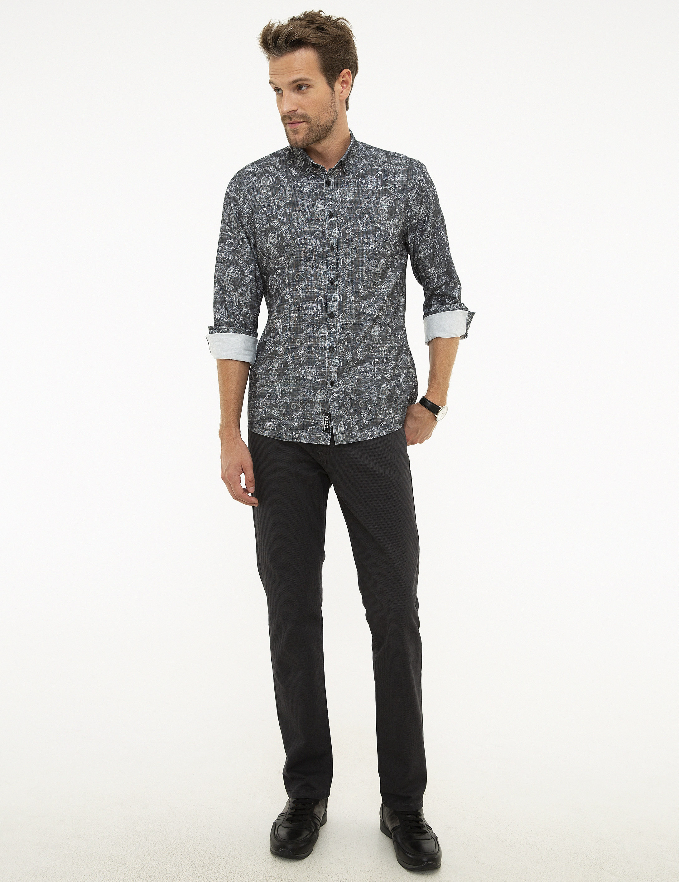 Koyu Gri Slim Fit Uzun Kollu Gömlek
