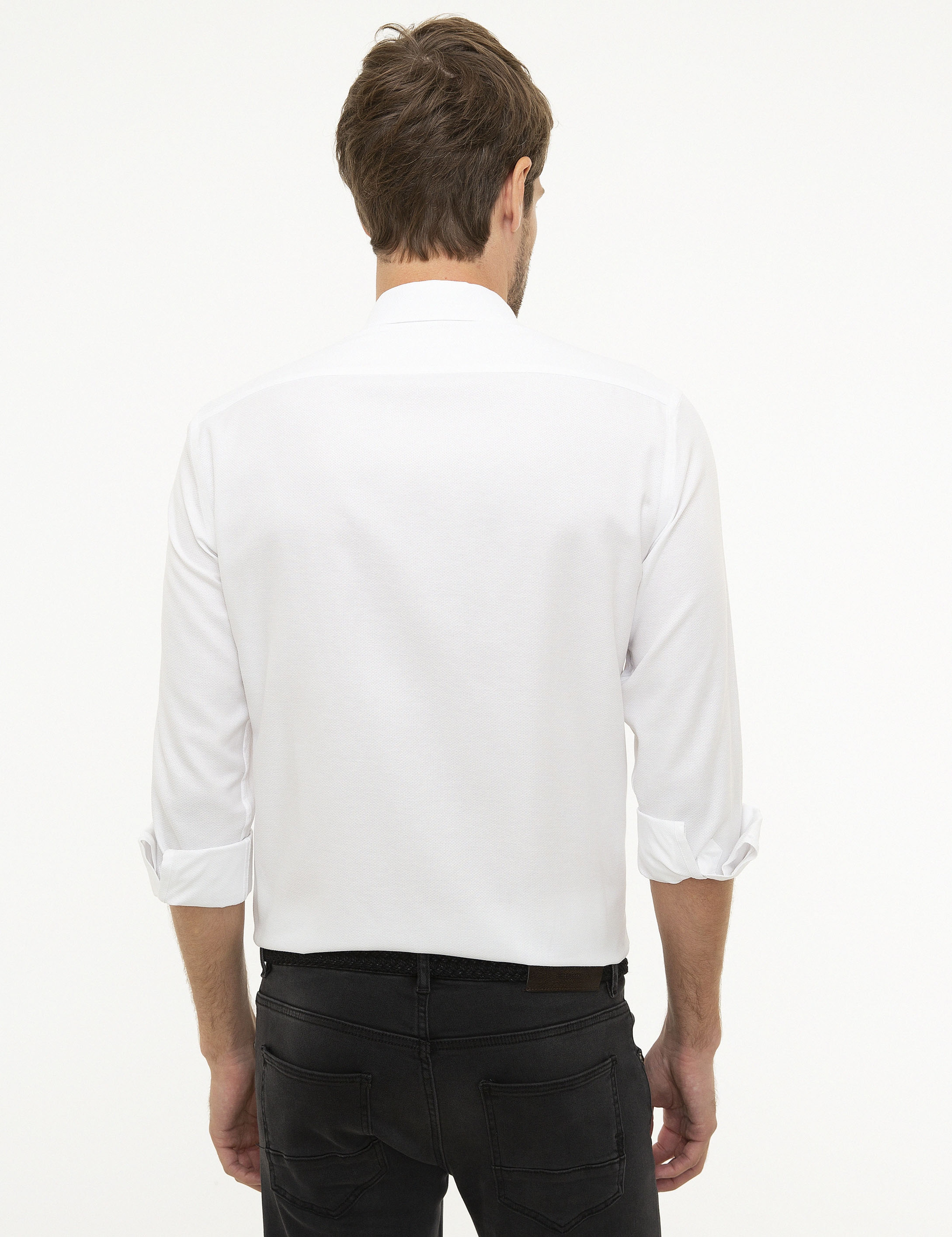 Beyaz Slim Fit Armürlü Gömlek - Image 3