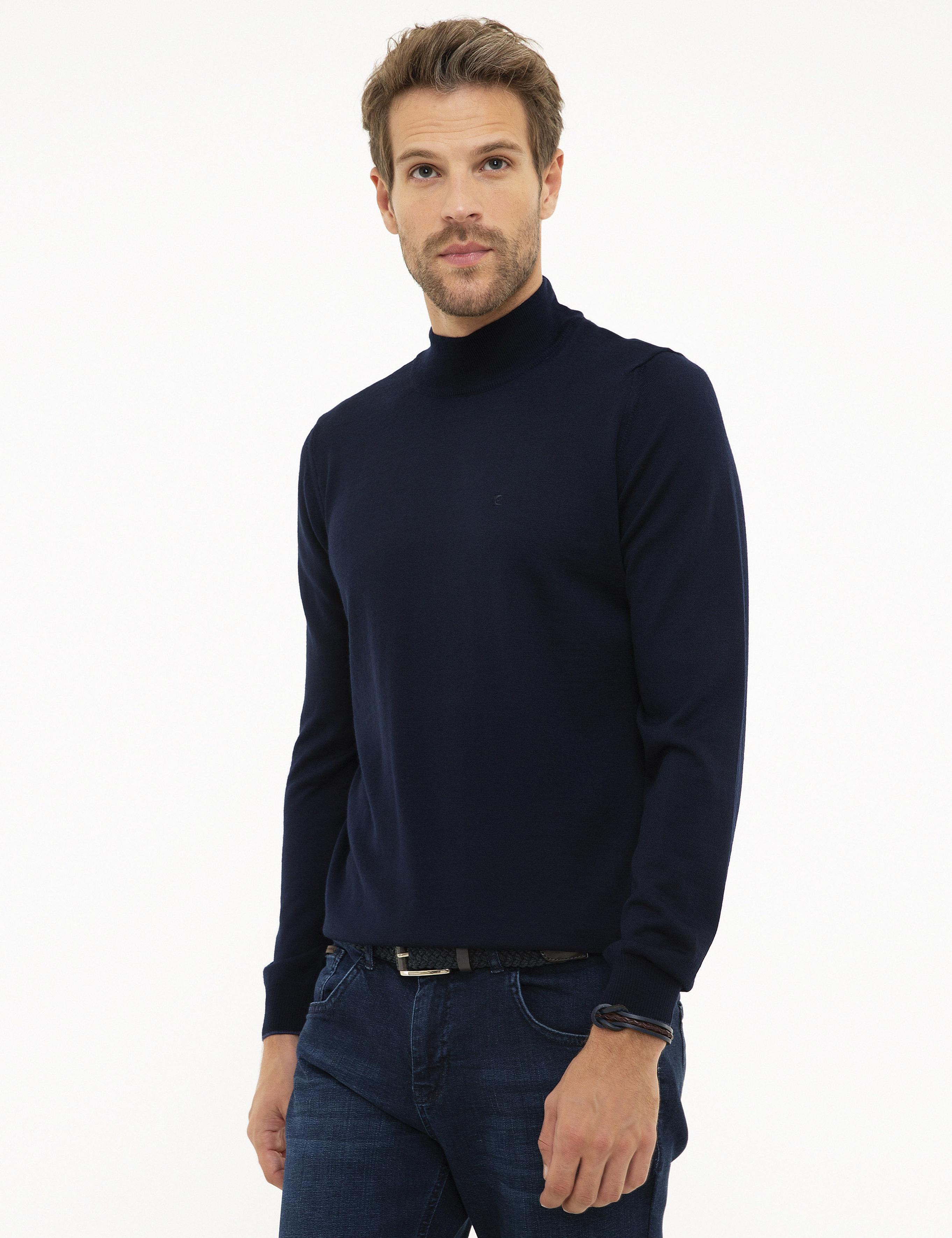 Lacivert Slim Fit Yarım Balıkçı Yaka Basic Triko Kazak