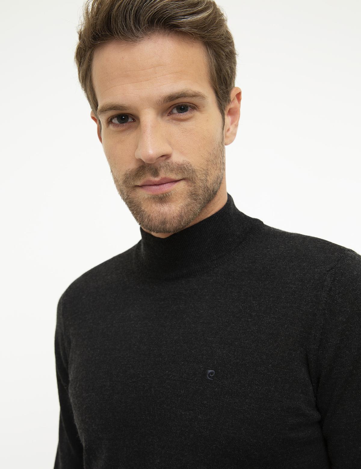 Antrasit Melanj Slim Fit Yarım Balıkçı Yaka Basic Triko Kazak