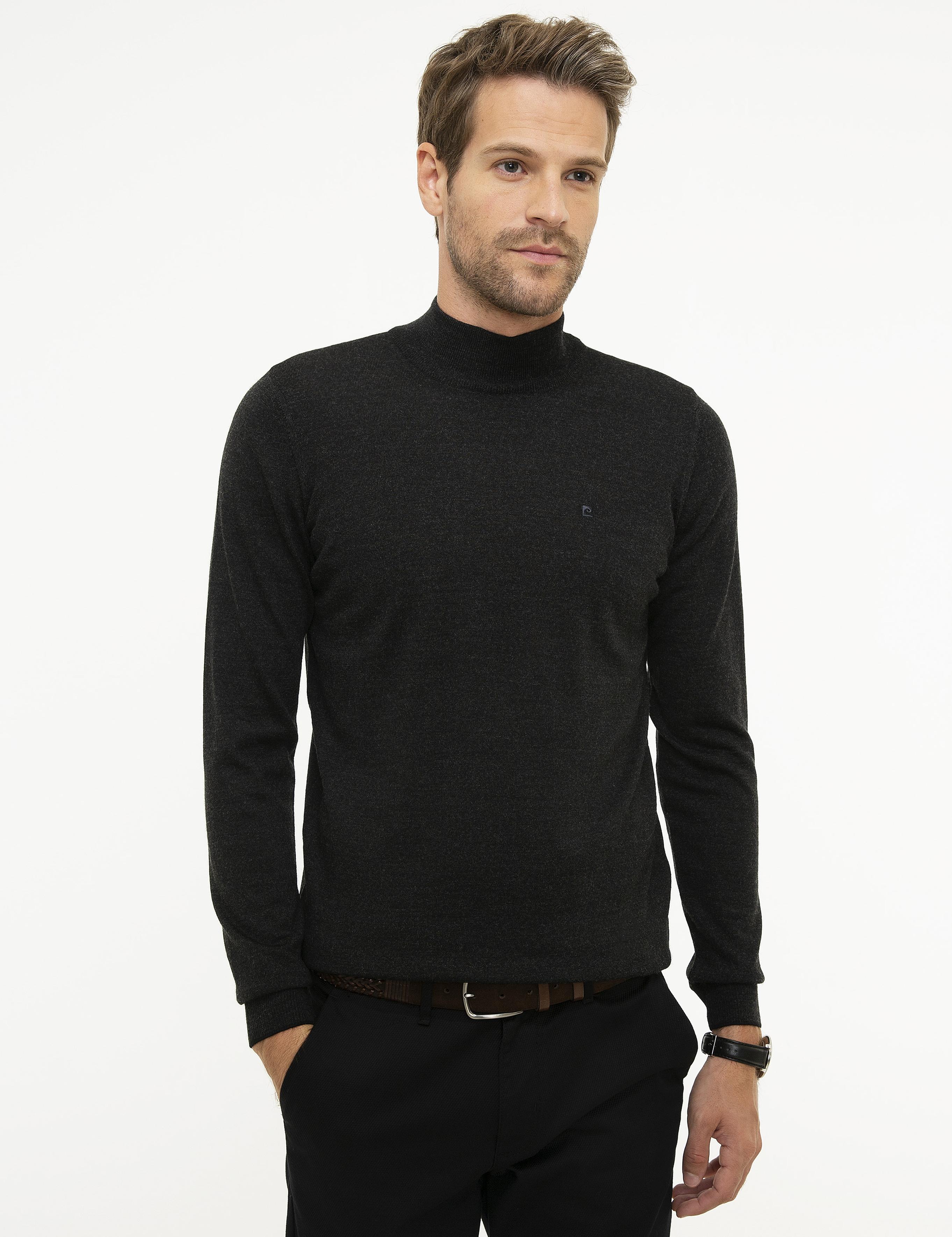 Antrasit Melanj Slim Fit Yarım Balıkçı Yaka Basic Triko Kazak