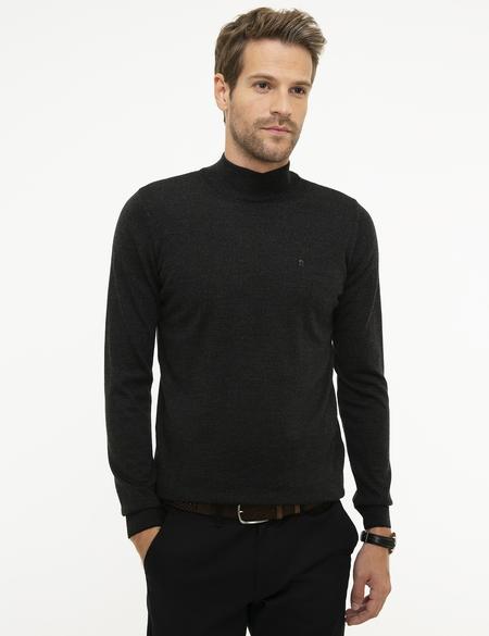 Antrasit Melanj Slim Fit Yarım Balıkçı Yaka Basic Triko Kazak - 50206758057