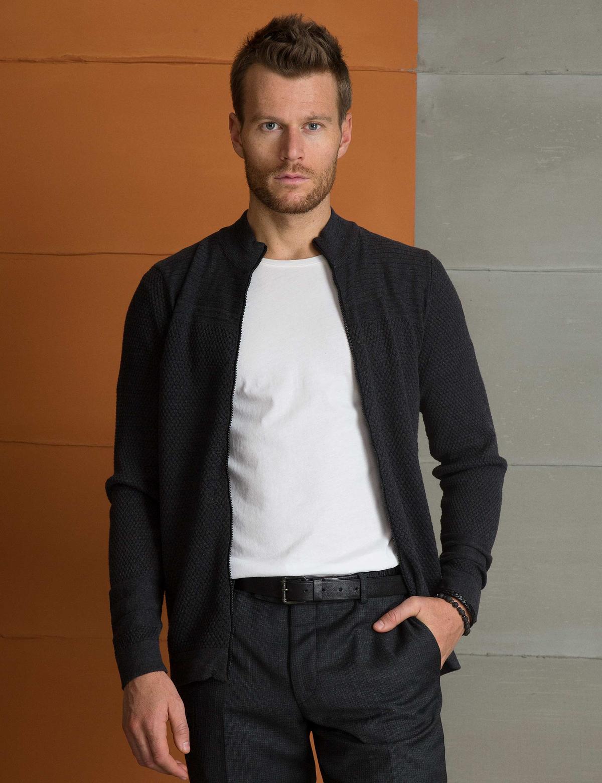 Antrasit Melanj Slim Fit Triko Hırka - 50194838026