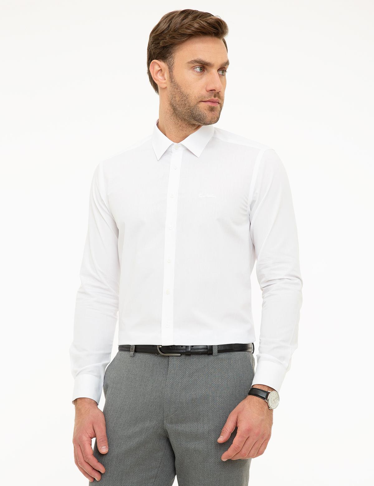 Beyaz Slim Fit Uzun Kollu Basic Gömlek